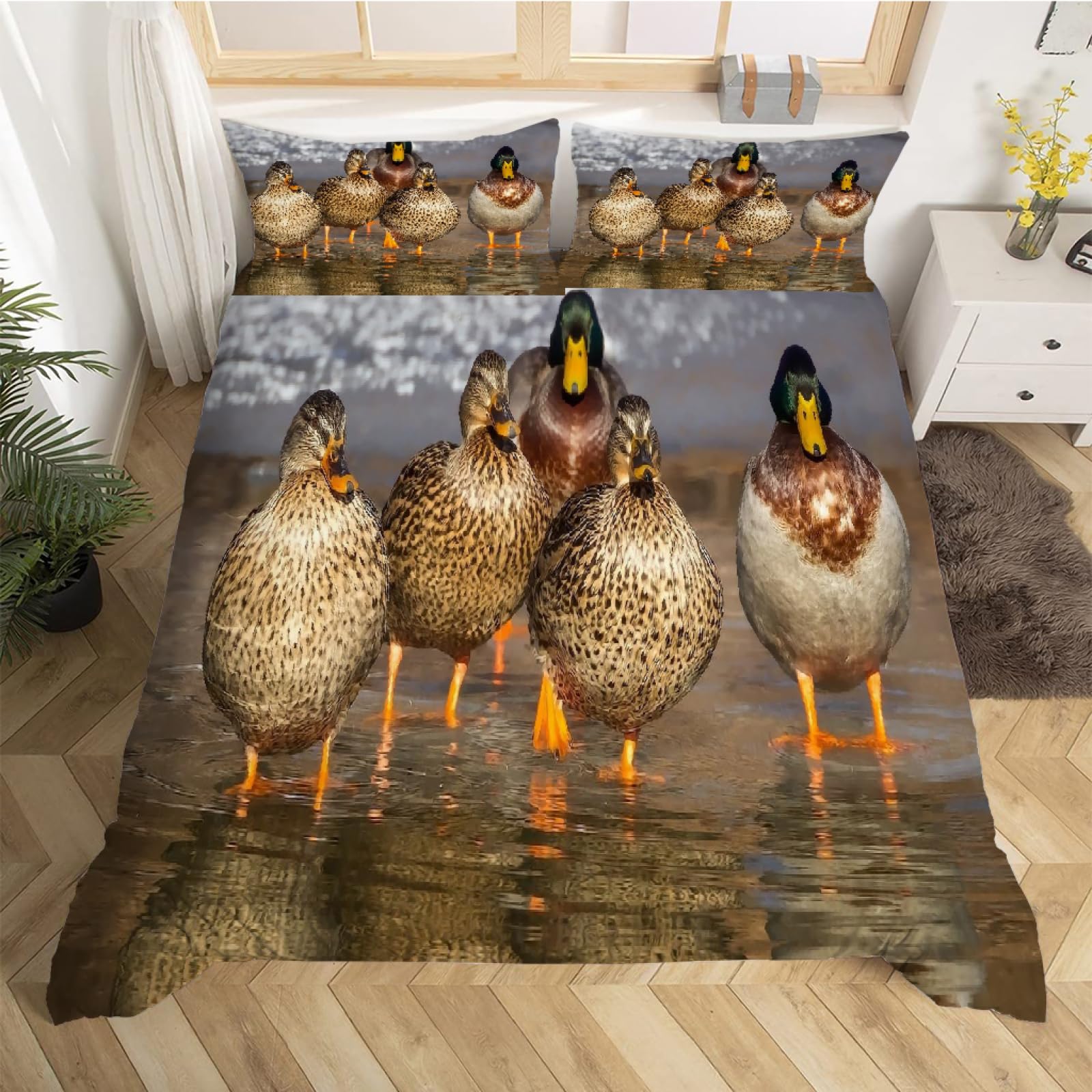 Housse De Couette Canard Sauvage 140x200 Cm - Microfibre Douce, Zip Et Sangles - Thème Chasse