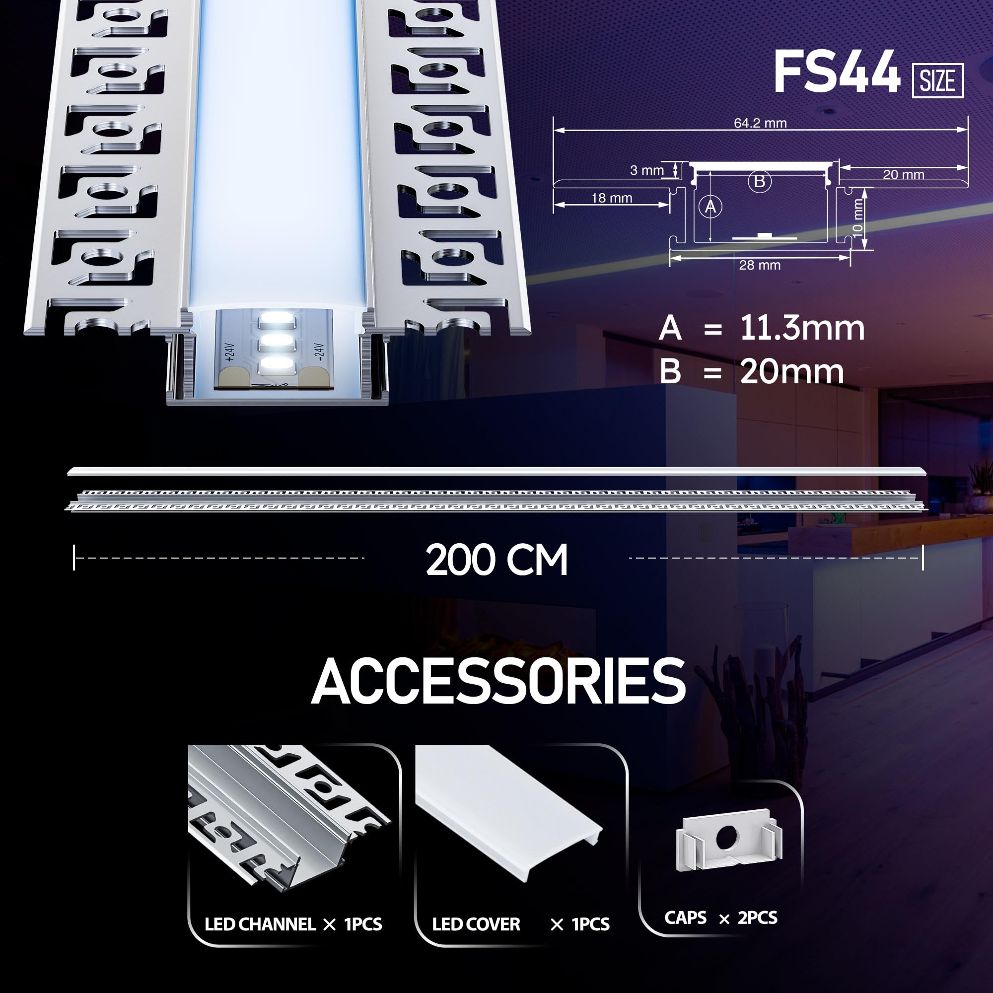 Shine Plus 10 x LED Trockenbauprofile 2 m, Eingebauter LEDKanal mit Diffusor, LED Profil Maße 28 x 13,8 mm Randbreite 64,2 mm für Streifen unter 20 mm,Innenbreite 20,2mm
