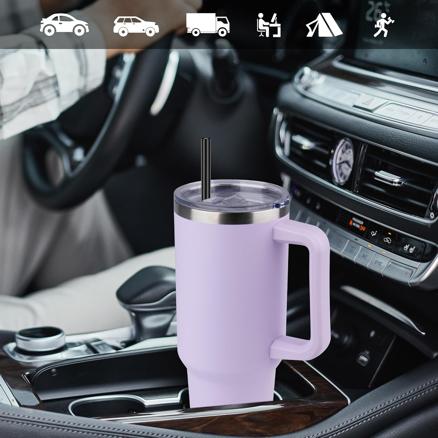 DOMICARE 40 oz Tumbler with Handle and Straw, Stainless Steel Tumbler with Lid and Straw, Reusable Vacuum Insulated Cup, Travel Coffee Mug, Lavender, 1Pack - Image 6