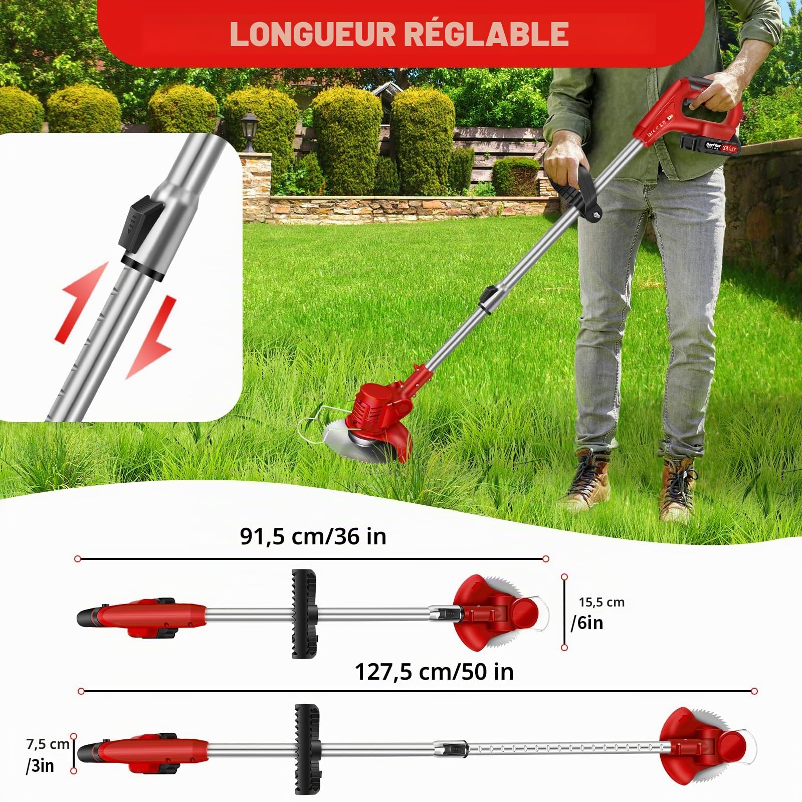 Coupe-Herbe sans Fil avec Batterie et Lames en métal Coupe-Herbe électrique Puissant Coupe-Herbe de Jardin Coupe-Bordures Coupe-Mauvaises Herbes Coupe-Gazon Set de Coupe-Gazon 2 Batteries Rouge
