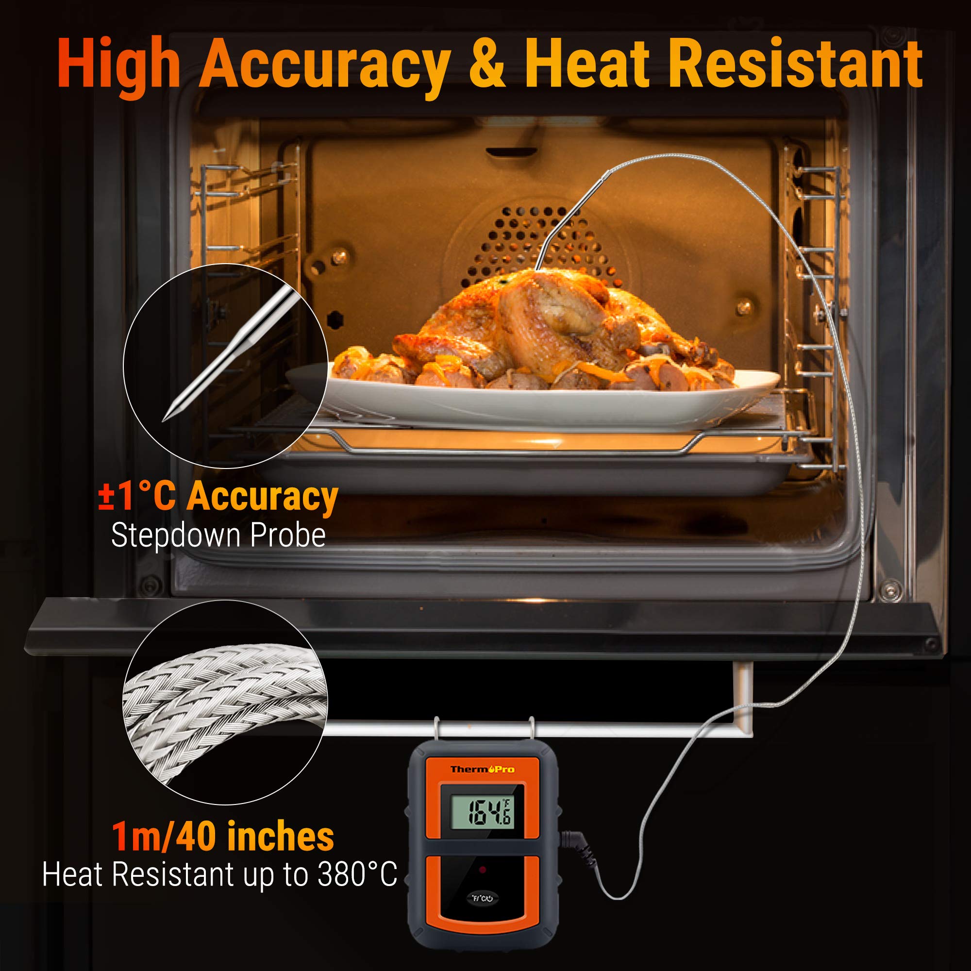 ThermoPro TP07 Thermomètre de Cuisson Numérique Sans Fil et À Distance Thermomètre pour Viande Dinde Grill Four Cuisine Fumoir Barbecue avec Donde, Portée de 90M