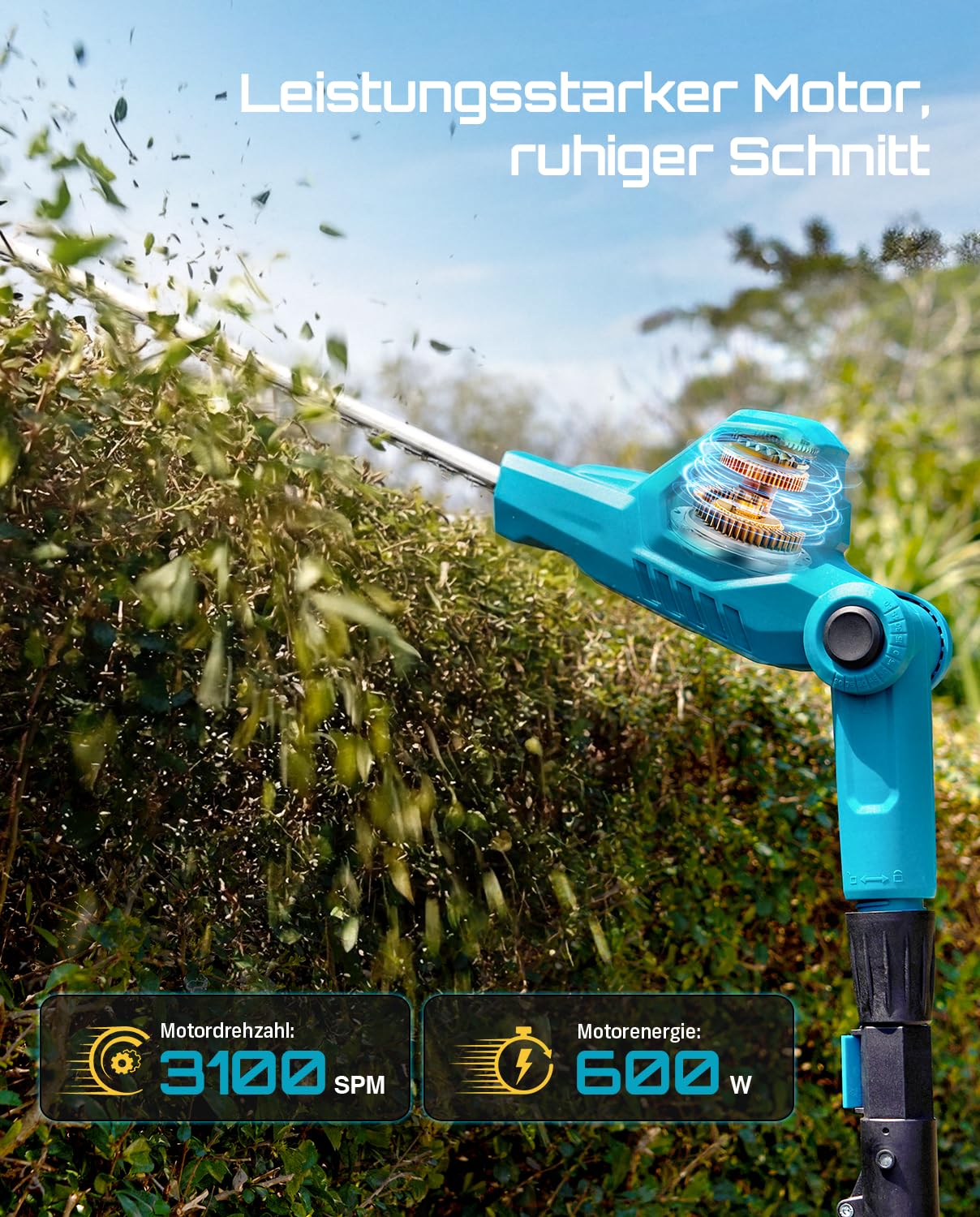 SEESII Teleskop Heckenschere Akku 20 Zoll, Leicht 3,91kg für Senioren & Frauen, 4,4m Reichweite, 600W mit 2x4000mAh Akku, 135° Schwenkkopf, Elektrische Heckentrimmer Langstiel für Hohe Hecken