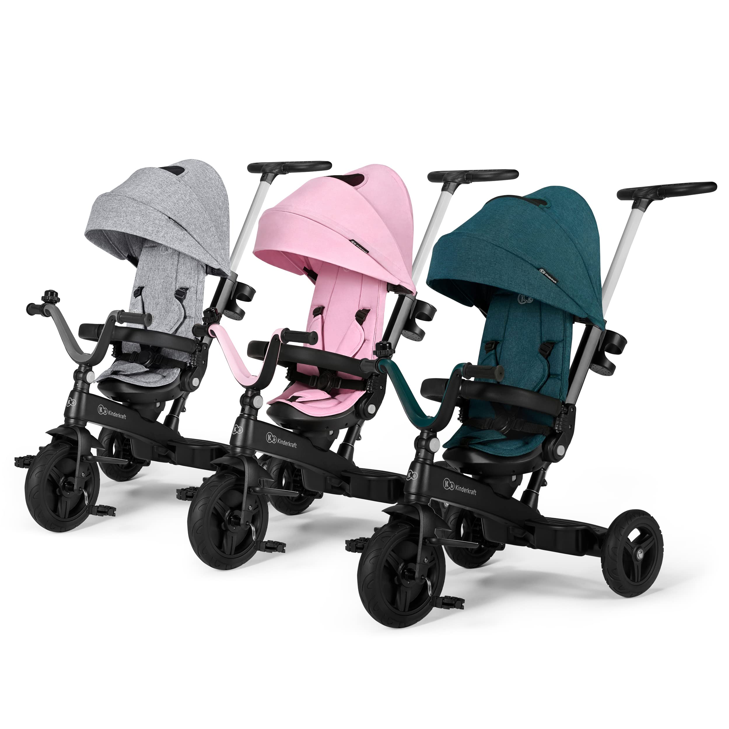Kinderkraft Rowerek trójkołowy 5w1 TWIPPER, Trójkołowiec, Obrotowe siedzisko 360°, Wolne koło, Daszek przeciwsłoneczny, Akcesoria, Dzwonek, Uchwyt na kubek, od 6 Miesięcy do 5 lat, Różowy