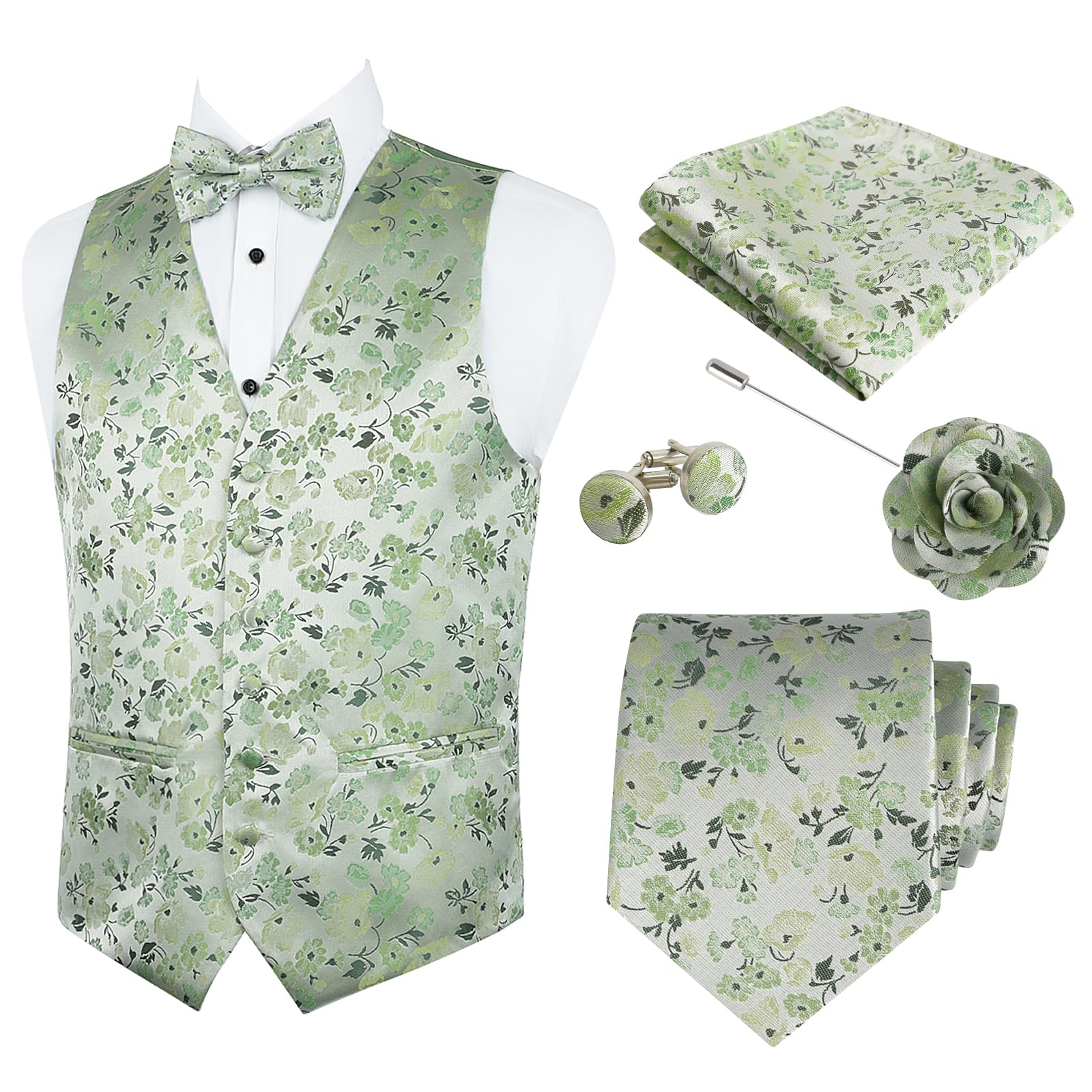 Alizeal Herren-Anzugweste, 6 Stück, Blumenmuster, Krawatte, Einstecktuch, Manschettenknöpfe, Anstecknadel, formell, lässig, Hochzeit, Party, Westen-Set