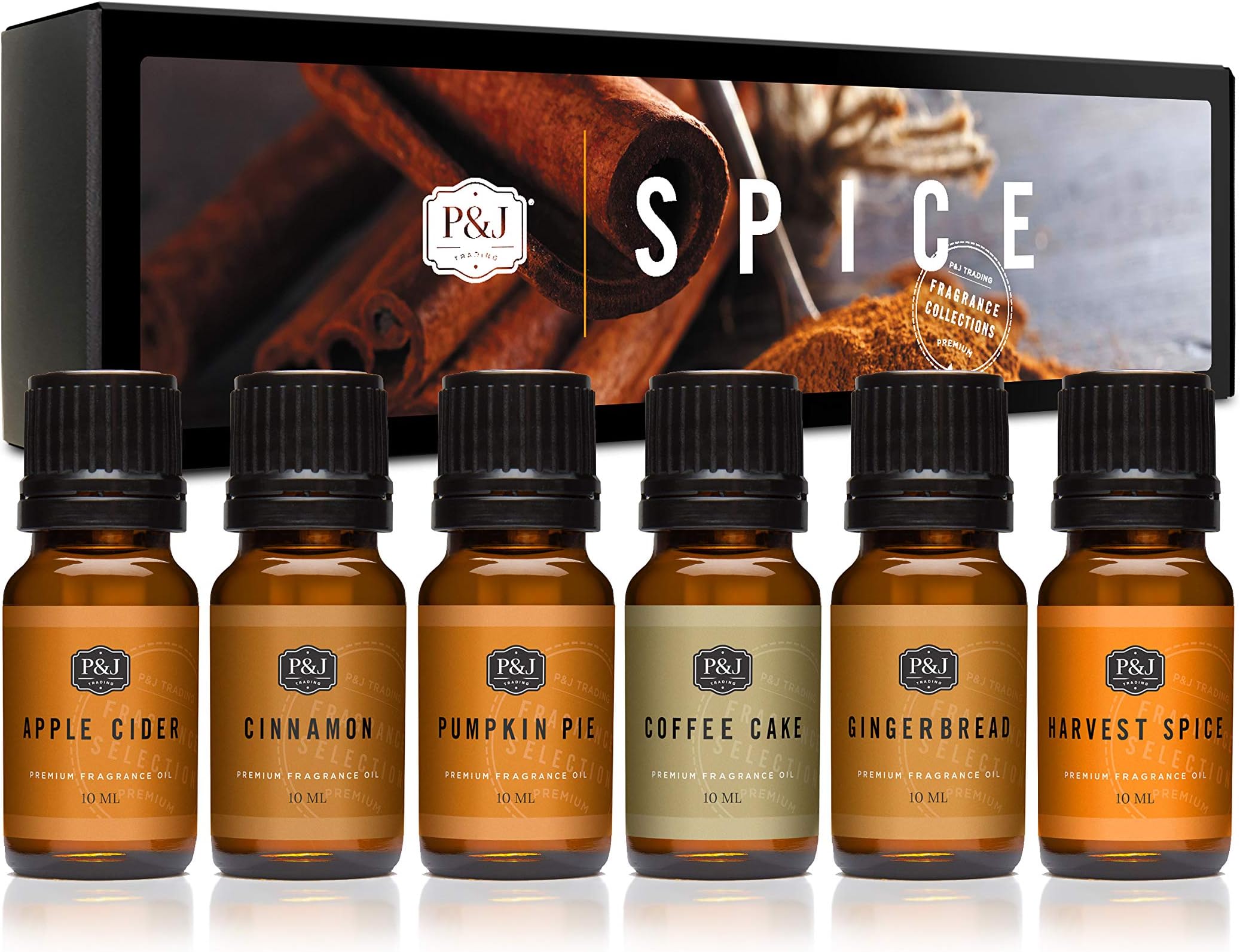 P&J Trading Spice Set Premium Grade Fragrance Oil Set of 6 - Cinnamon, Harvest Spices, Apple Cider, Coffee Cake, Gingerbread Pumpkin Pie - 10ml