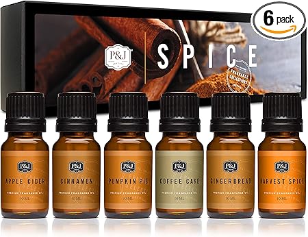 P&J Fragrance Oil Spice Set | Cinnamon, Harvest Spice, Apple Cider, Coffee Cake, Gingerbread, and Pumpkin Pie Candle Scents for Candle Making, Freshie, Soap Making Supplies, Diffuser Oil Scents