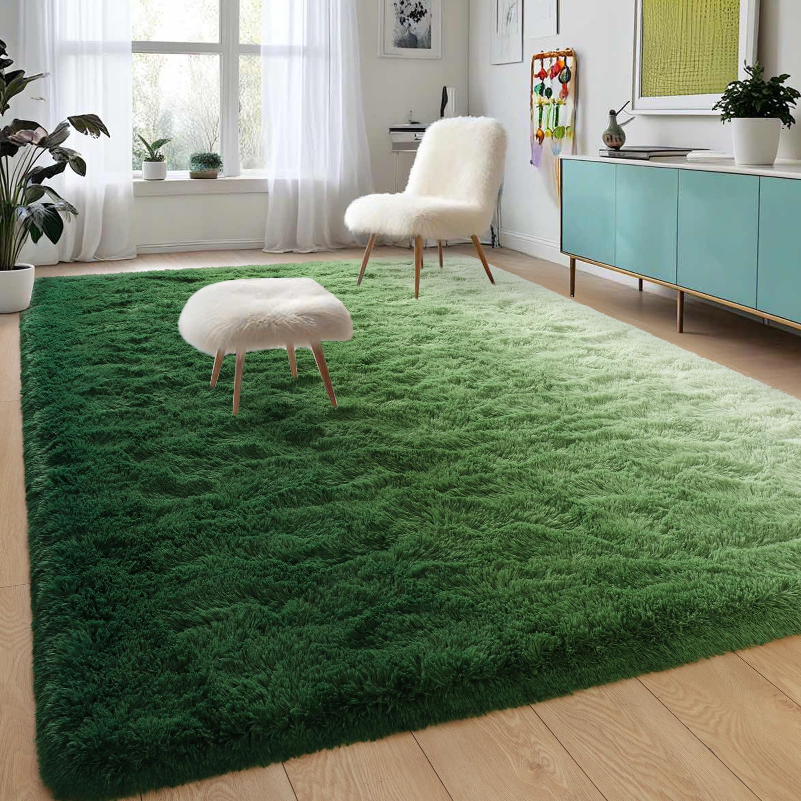 DweIke Luxury Fluffy Kids Rugs for Living Room Bedroom, 5x8 Large Shaggy Forest Green Area Rug for Girls Boys, Upgrade Plush Non-Slip and Washable