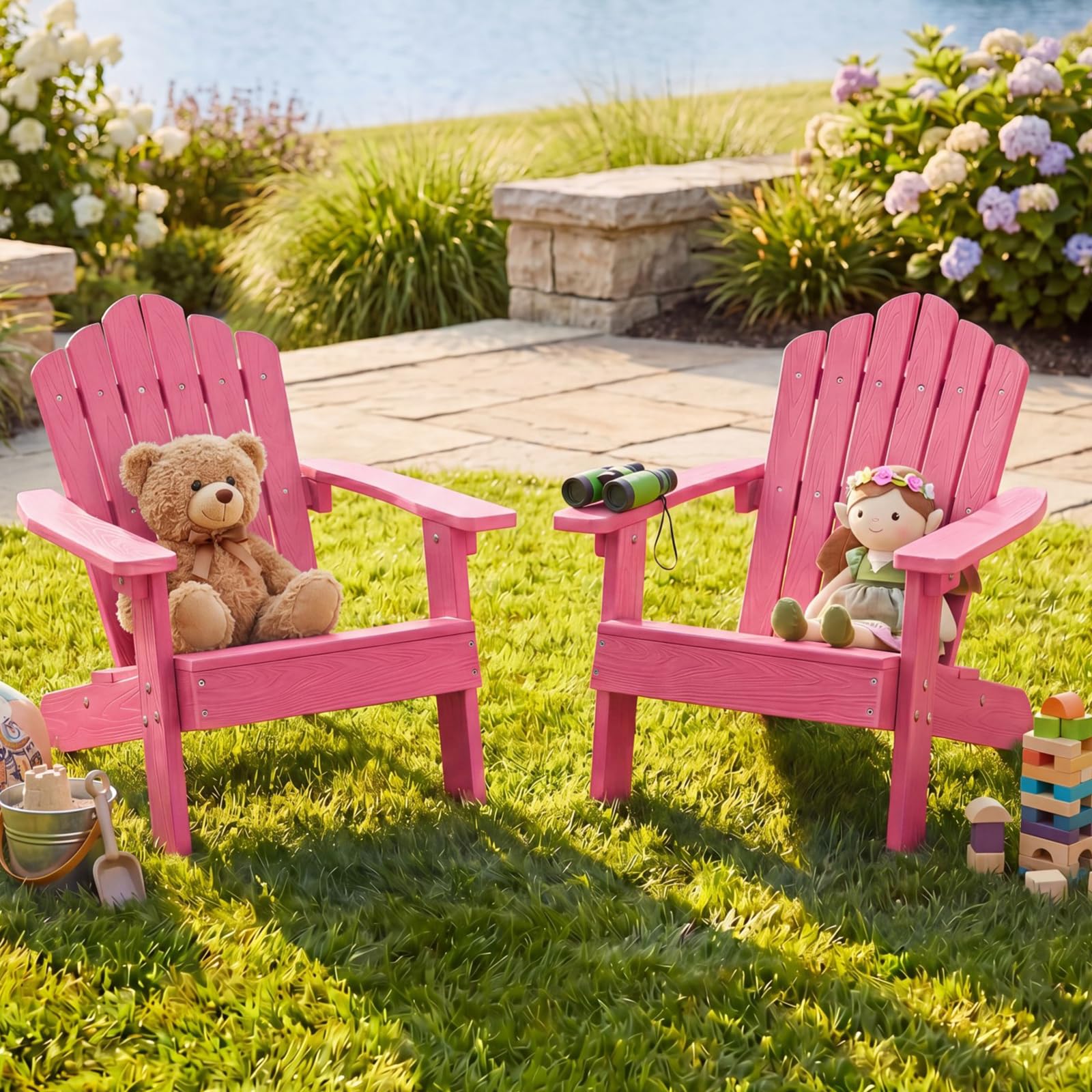 GIANTEX Kids Adirondack Chair, All-Weather HIPS Children's Outdoor Chair with Tilted High Backrest, Toddler Beach Chair for Garden Patio Backyard, Kids Lawn Chairs for Age 3-7 (2,Pink)