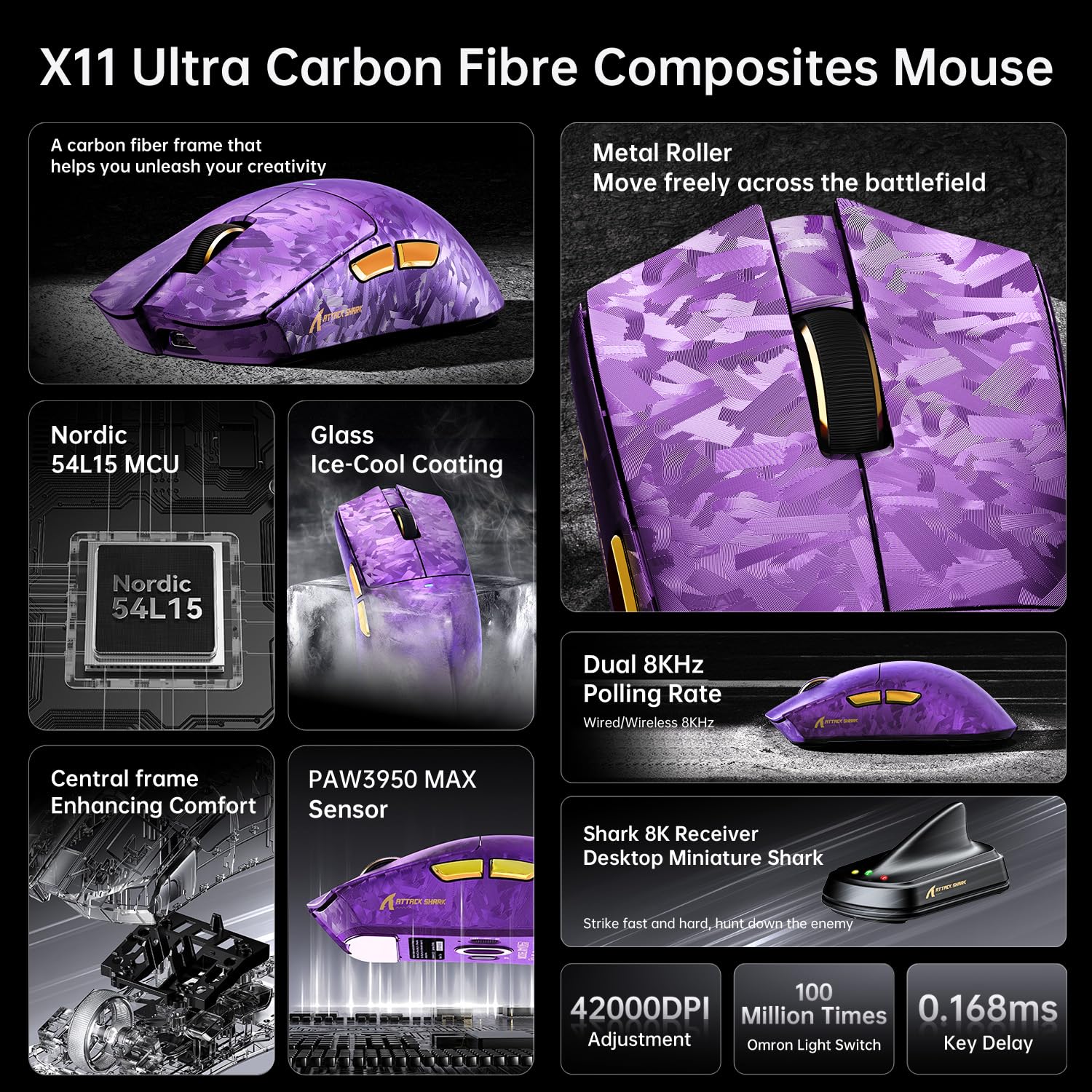 ATTACK SHARK X11 Ultra 8K Carbon Fiber Wireless Gaming Mouse with