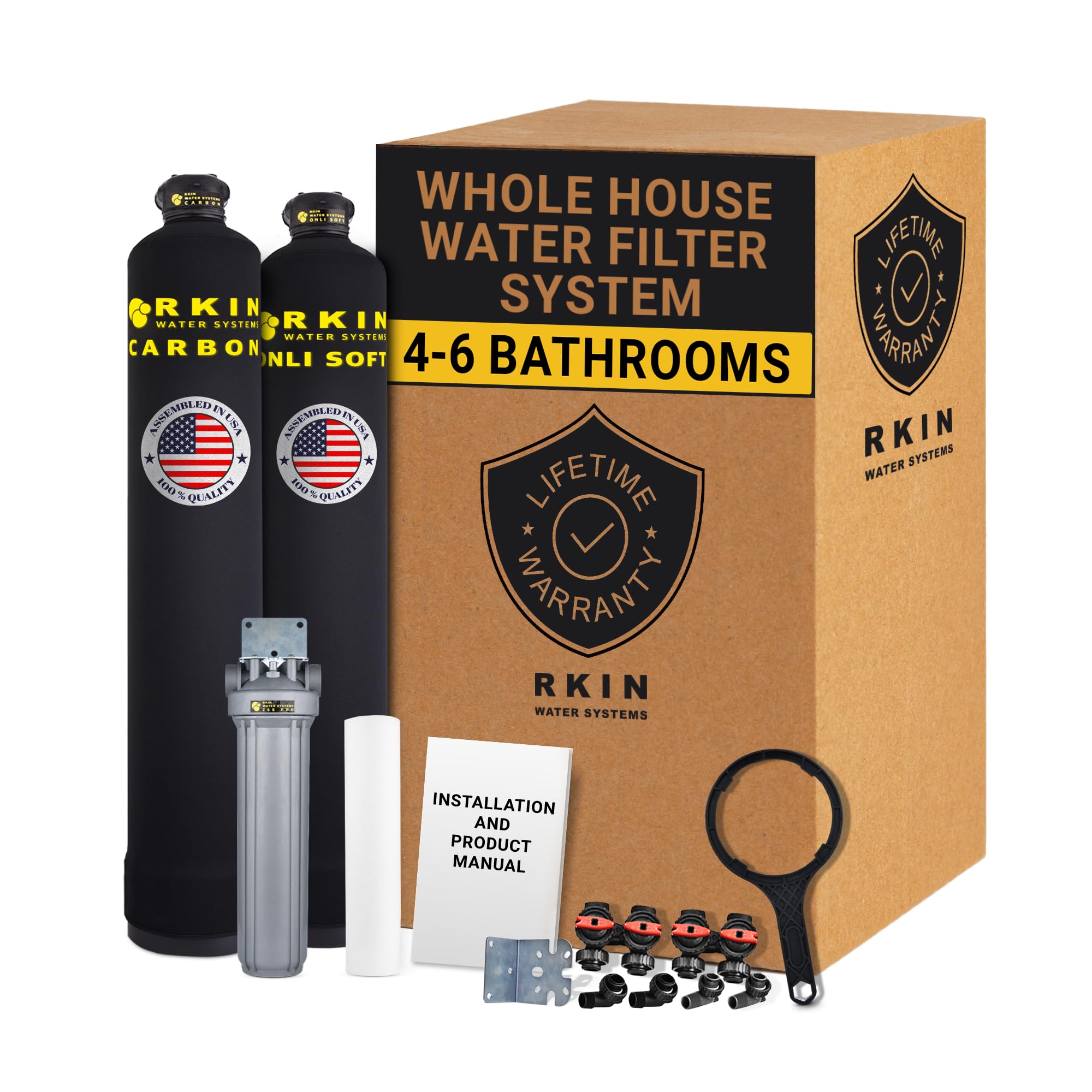 RKIN OnliSoft Pro Salt-Free Water Conditioner and Whole House Carbon Filter System for 4-6 Bathroom Home