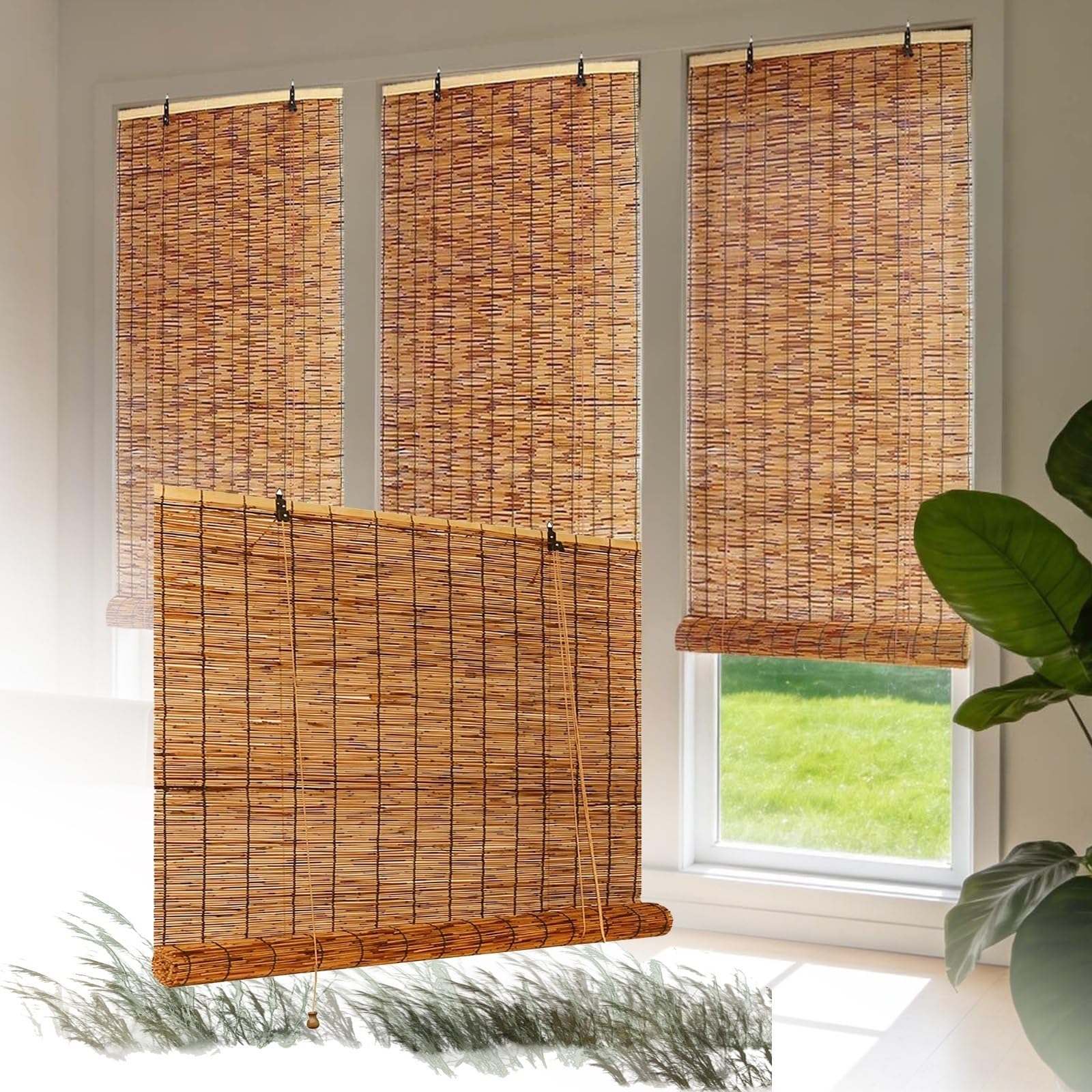 CMJYMX Bamboo Roller Shades, Outdoor Patio Privacy Sun Shades For Window, 39" 43" 47" 51" 55" 59" Light Filtering Brown Cordless Roll Up Blinds(110x180CM/43x71IN(WxH))