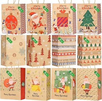 Xmas Kraft Gift Bags,24PCS Christmas Goody Bags with Handle for Xmas Gift Wrapping Christmas Party Supplies