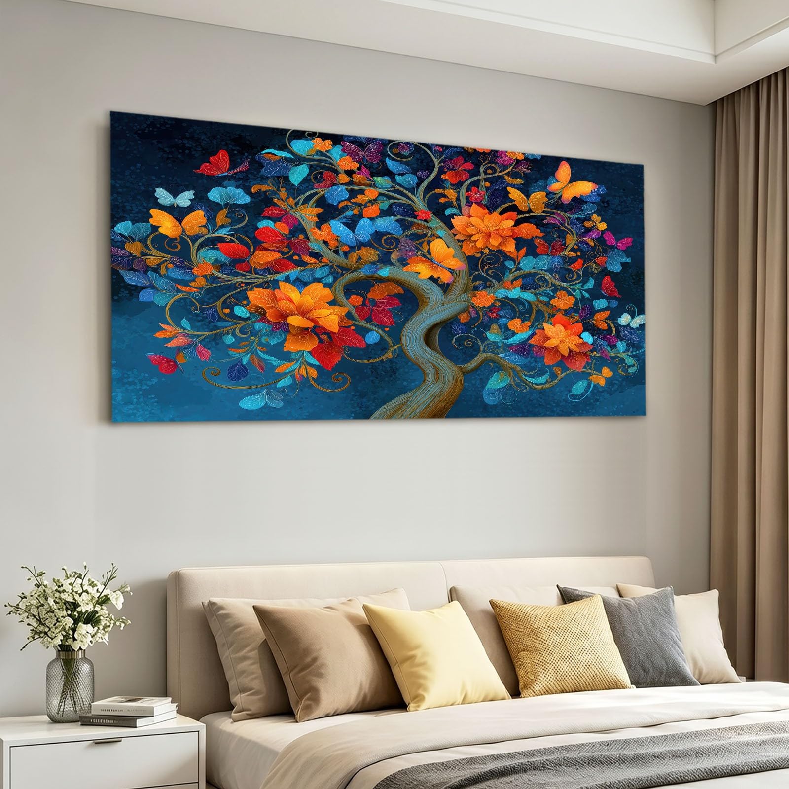 Obraz ścienny fantazja kwiaty obraz na płótnie - obraz na płótnie 120 x 80 cm, wydruk na płótnie z drzewem życia, liśćmi, oprawiona sztuka ścienna do salonu i sypialni, dekoracja ścienna, niebieski