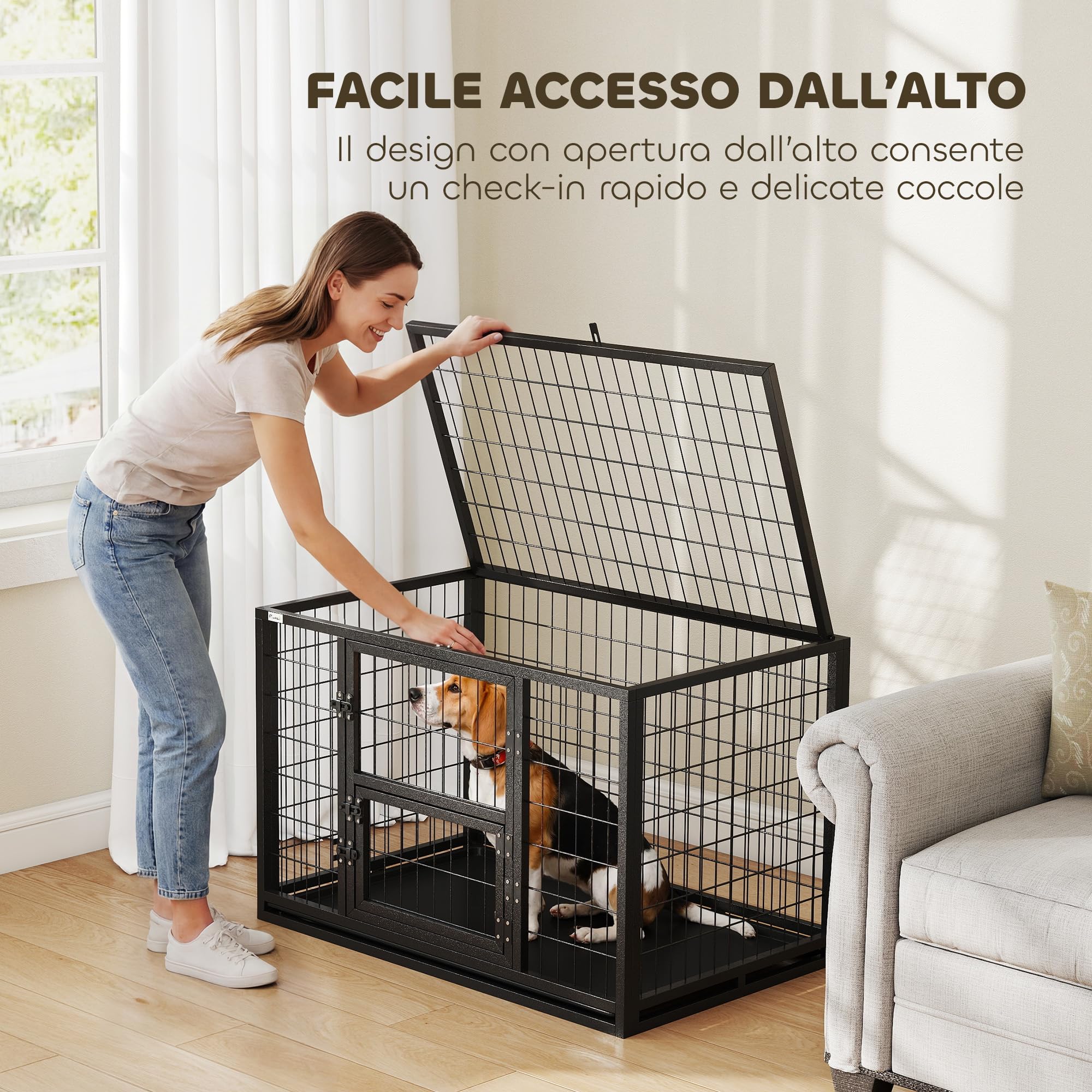 PawHut Kennel Gabbia Robusta per Cani da Esterno Grande 94x60x64 cm Nero | Gabbia Box per Cani Taglia Medio e Piccola, Robusta, Vassoio Rimovibile, Chiusura Sicura, Interno ed Esterno