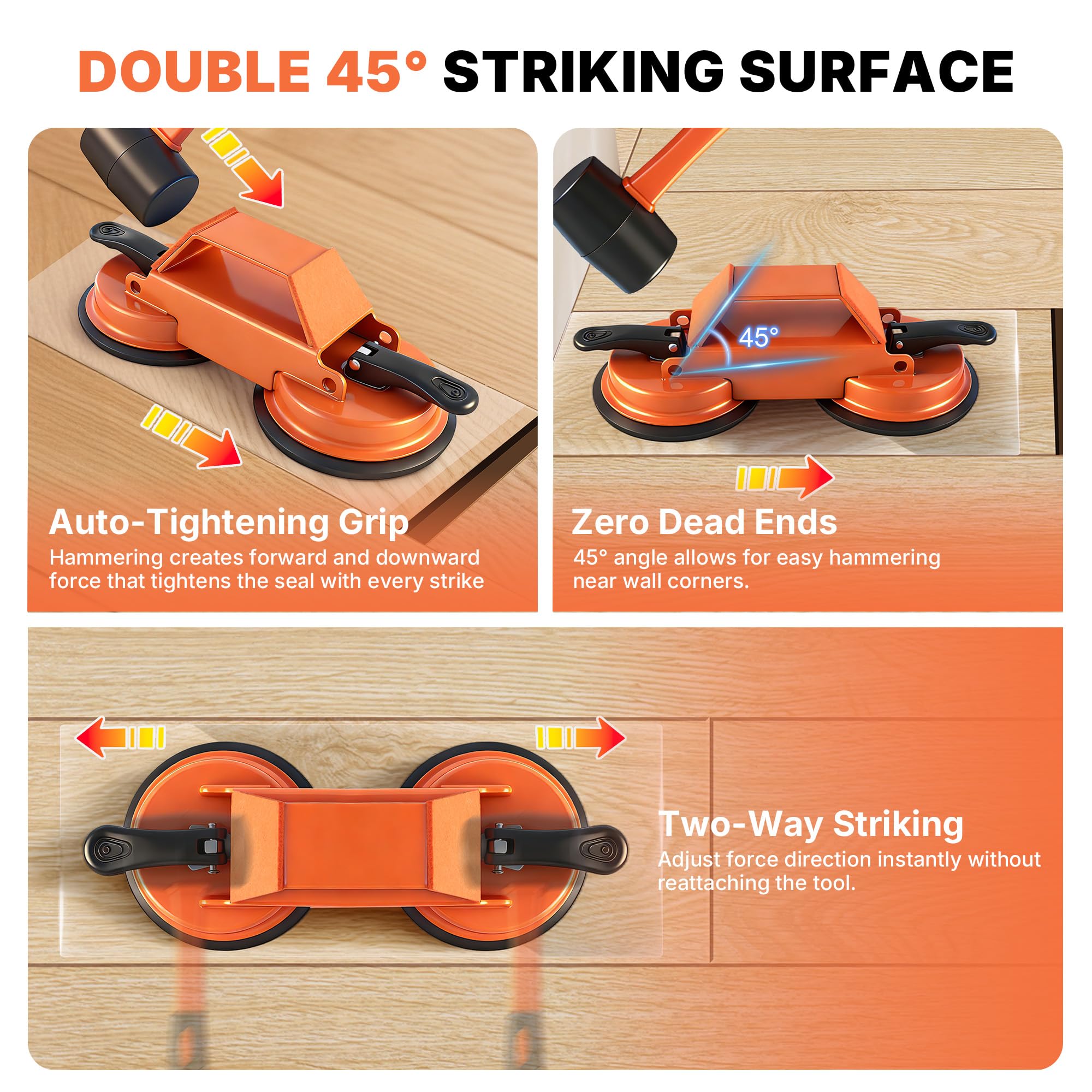 Floor Gap Fixer Tool Heavy Duty 45°Striking Surface Floor Gap Repair Tool Made of Iron & Enhanced Suction Cup with Slot Cutter, Hammer and 5pcs Sticky Pads for Fixer Laminate/Vinyl Flooring Tools — view 4