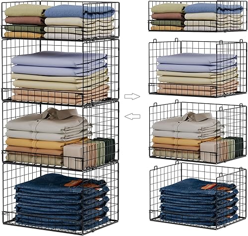 Organizadores de armario apilables de 4 niveles y estantes de almacenamiento, sistema organizador de estantes plegables para armario, cajones de