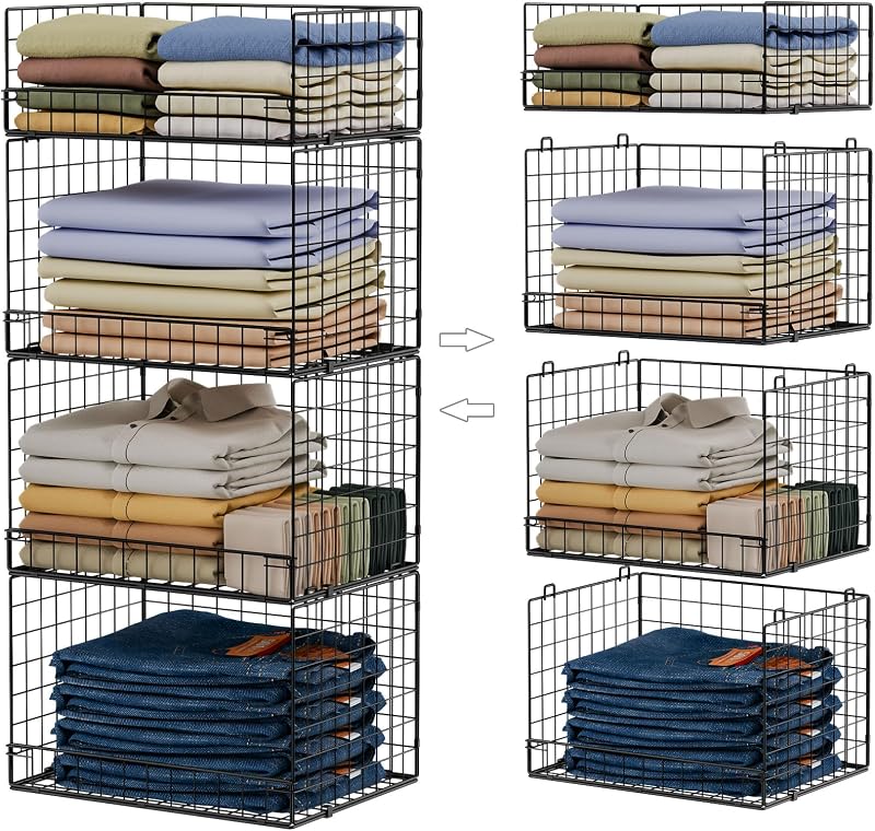 4 Tier Stackable Closet Organizers and Storage Shelves, Foldable Closet Shelf Organizer System, Stackable Storage Bins Drawers for Clothes Organizer System, Black（Patent No. 30022416）