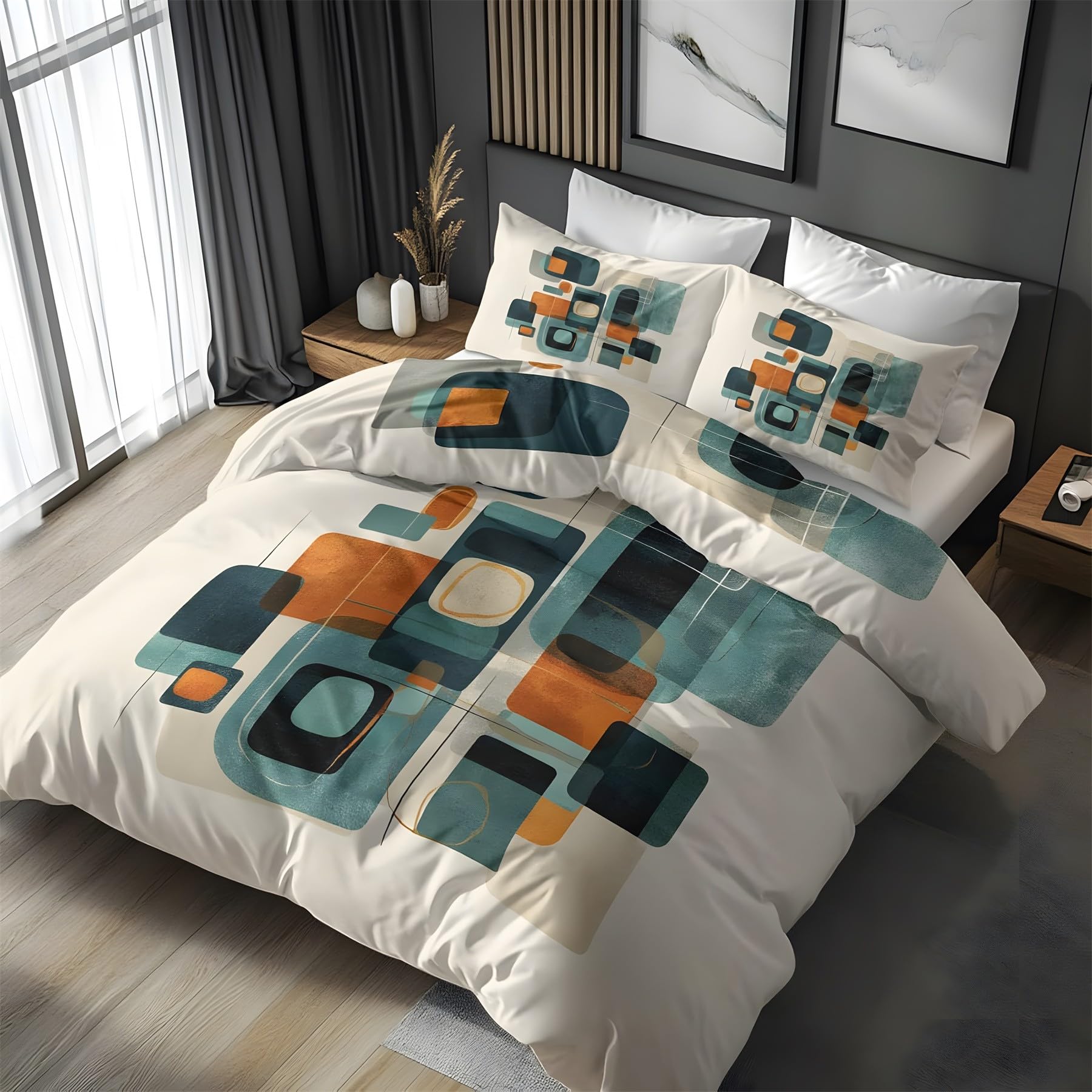 Housse de couette cyan et orange pour une chambre cocooning