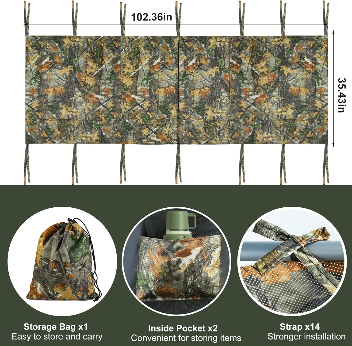 Hunting Tree Stand Blind, Ladder Stand Blind Kit for 2 Man Camo Treestand Blinds Cover with Zipper Storage Pocket Tree Stand Blind Accessories for Hunting Deer, 102×36 Inch, Choose See Through or Not - Image 4