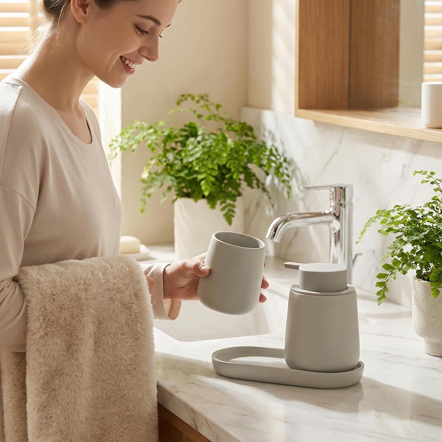 BosilunLife Bathroom Accessories Set 3 pcs - Bathroom Ceramic Foaming Soap Dispenser Set Farmhouse Bathroom Decor, Foam Soap Dispenser and Toothbrush Holder with Tray, Light Grey