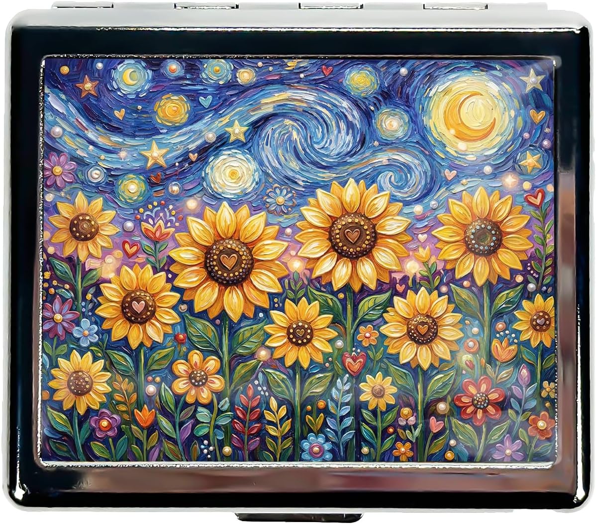 Metal Weekly Pill Organizer, 7 Day Pill Case with 8 Compartments, Travel Pill Box for Purse & Pocket, PP Dividers, Secure Clasp (Starry Sunflowers)