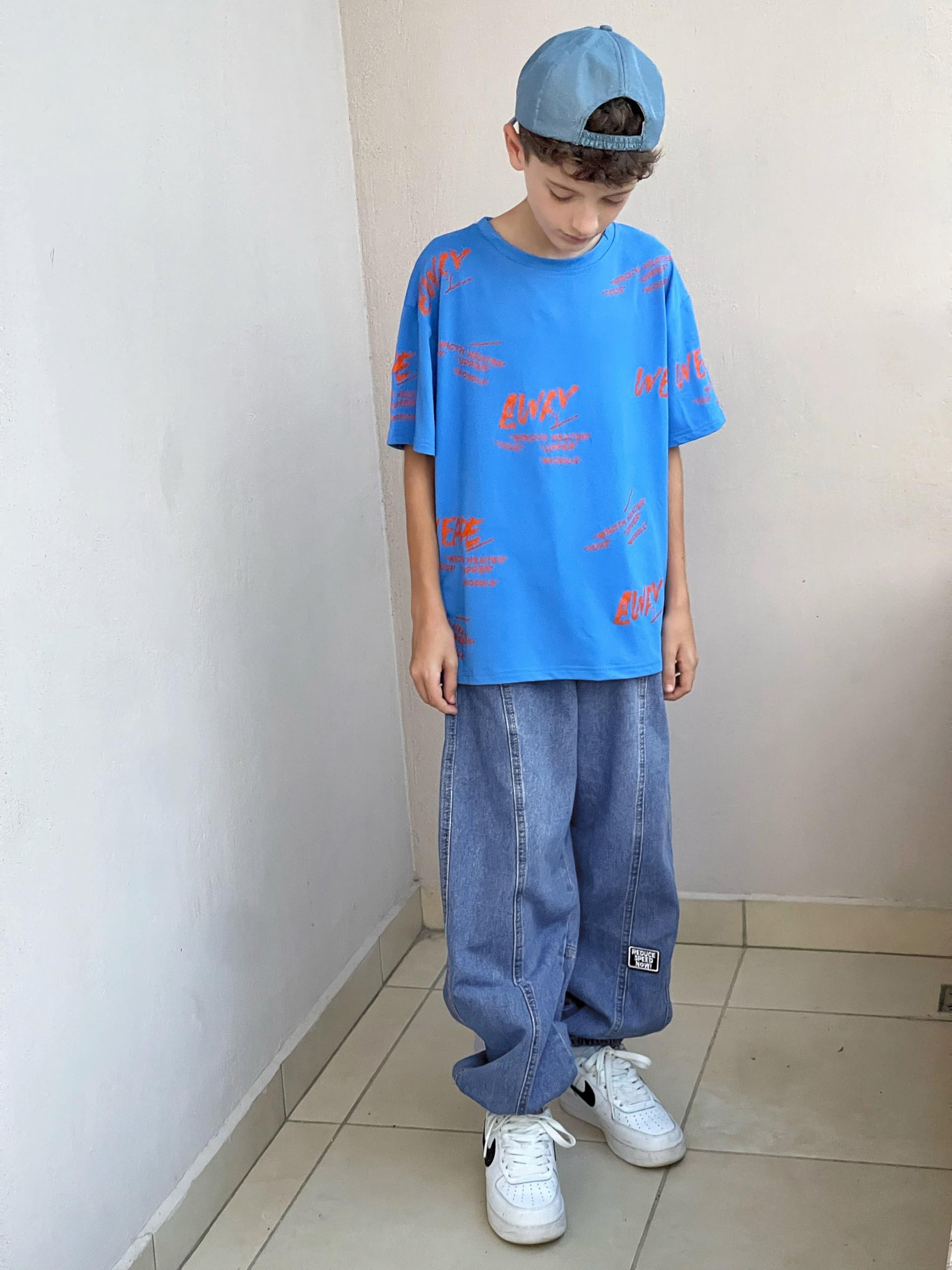 Rolanko Pantalones de mezclilla holgados para niños, elásticos, de ajuste recto, holgados, para niños de 4 a 14 años