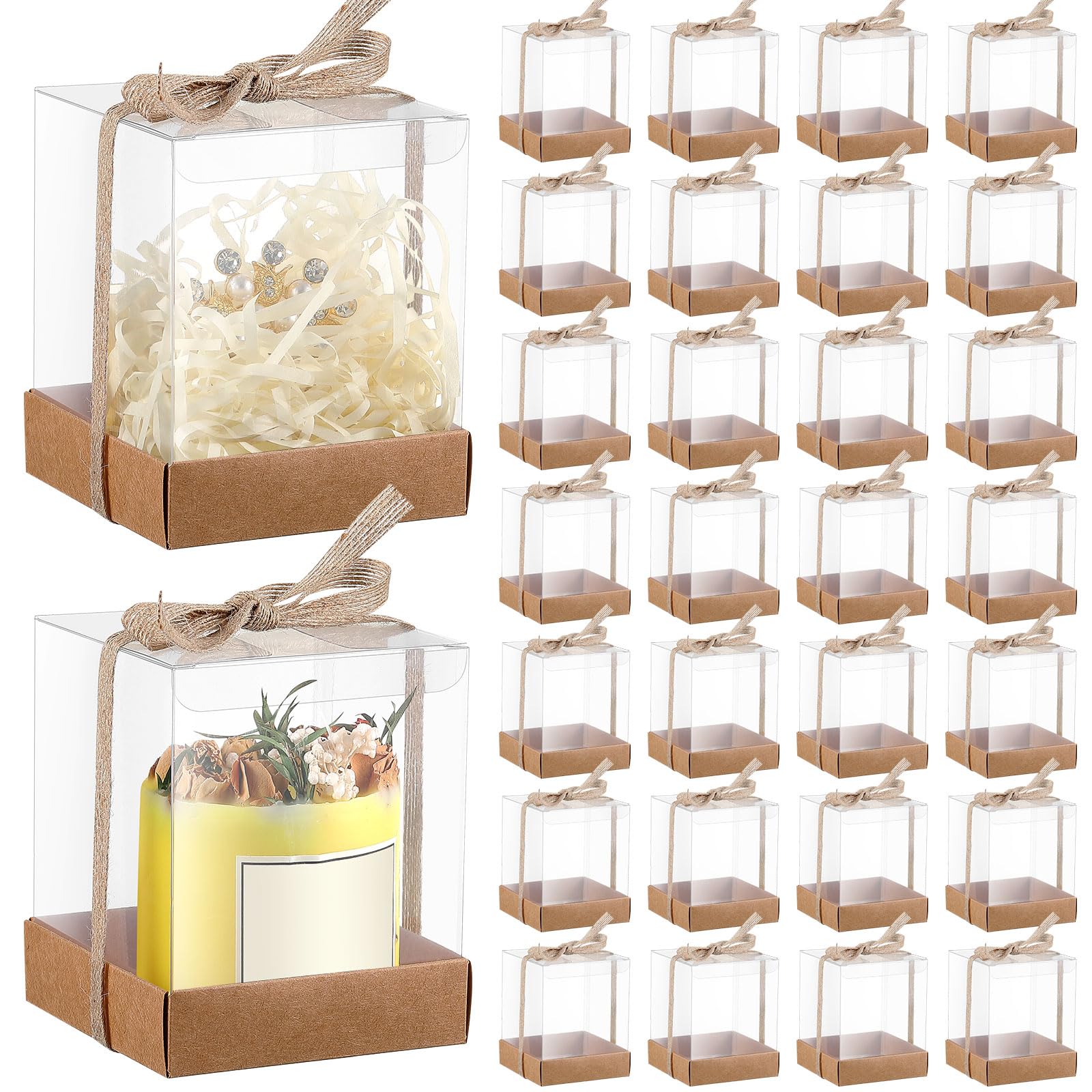 36er-Set, 8,9 x 8,9 x 10,9 cm, transparente Kerzen-Geschenkbox, Verpackung, 113,4–510 ml, Teelichthalter, Bulk-Papier-Bodenabdeckung mit Band, für Weihnachten, Hochzeit, Babyparty, Party,