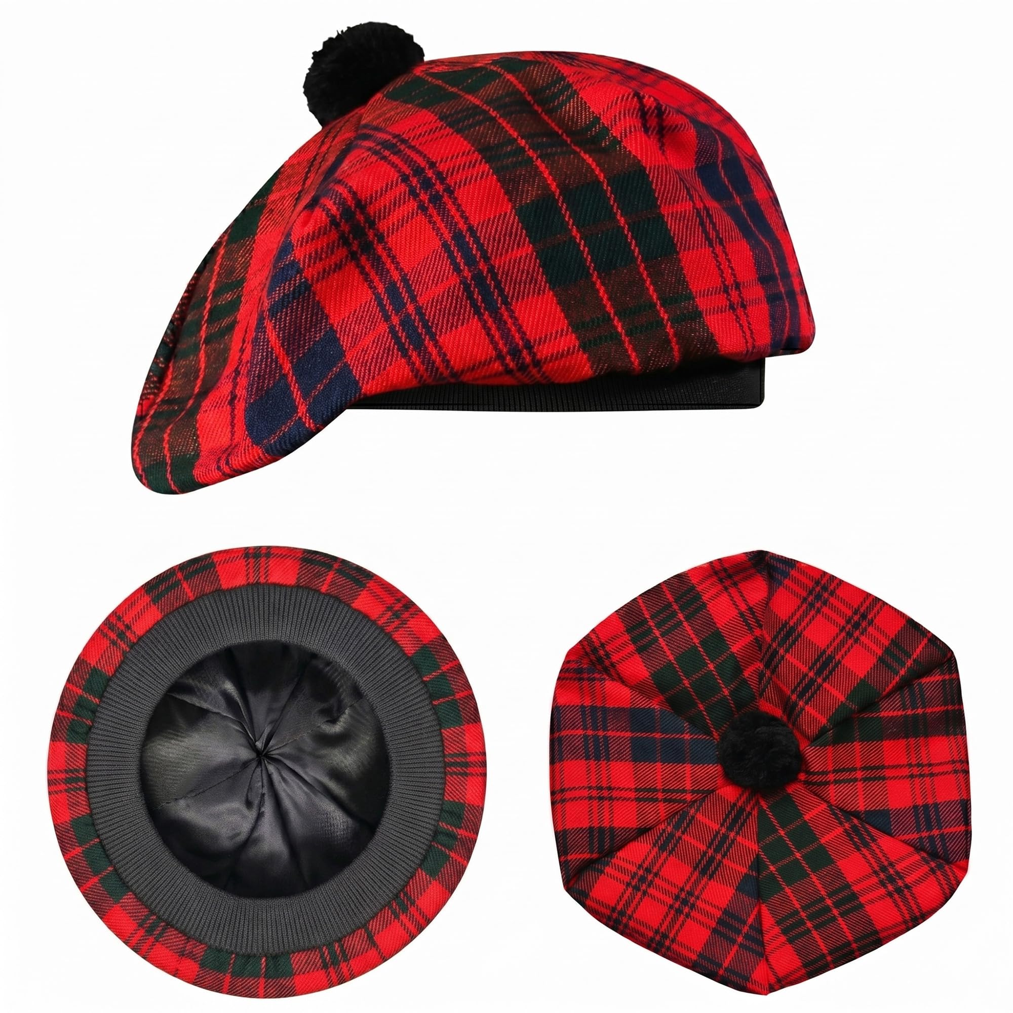 Scottish Hat Tam o Shanter Scottish Bonnet Tartan Hat P.V Tartan (Polyviscose) Wool Blend with Pompom | One Size fits All.