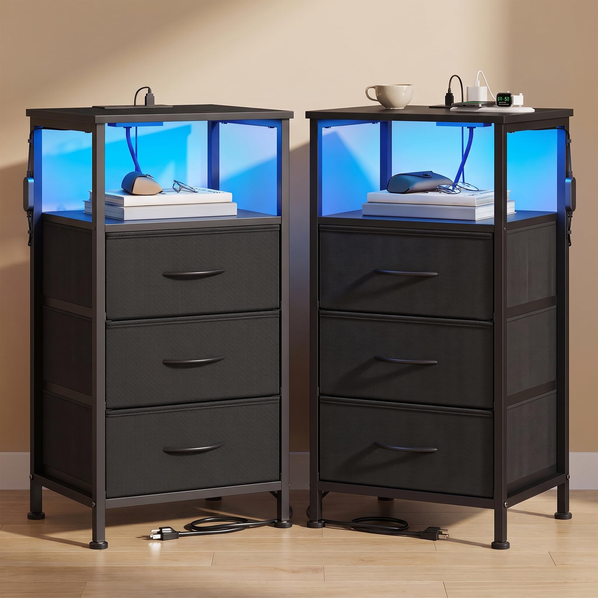SONGMICS Nightstand with Charging Station, 3 Fabric Drawers
