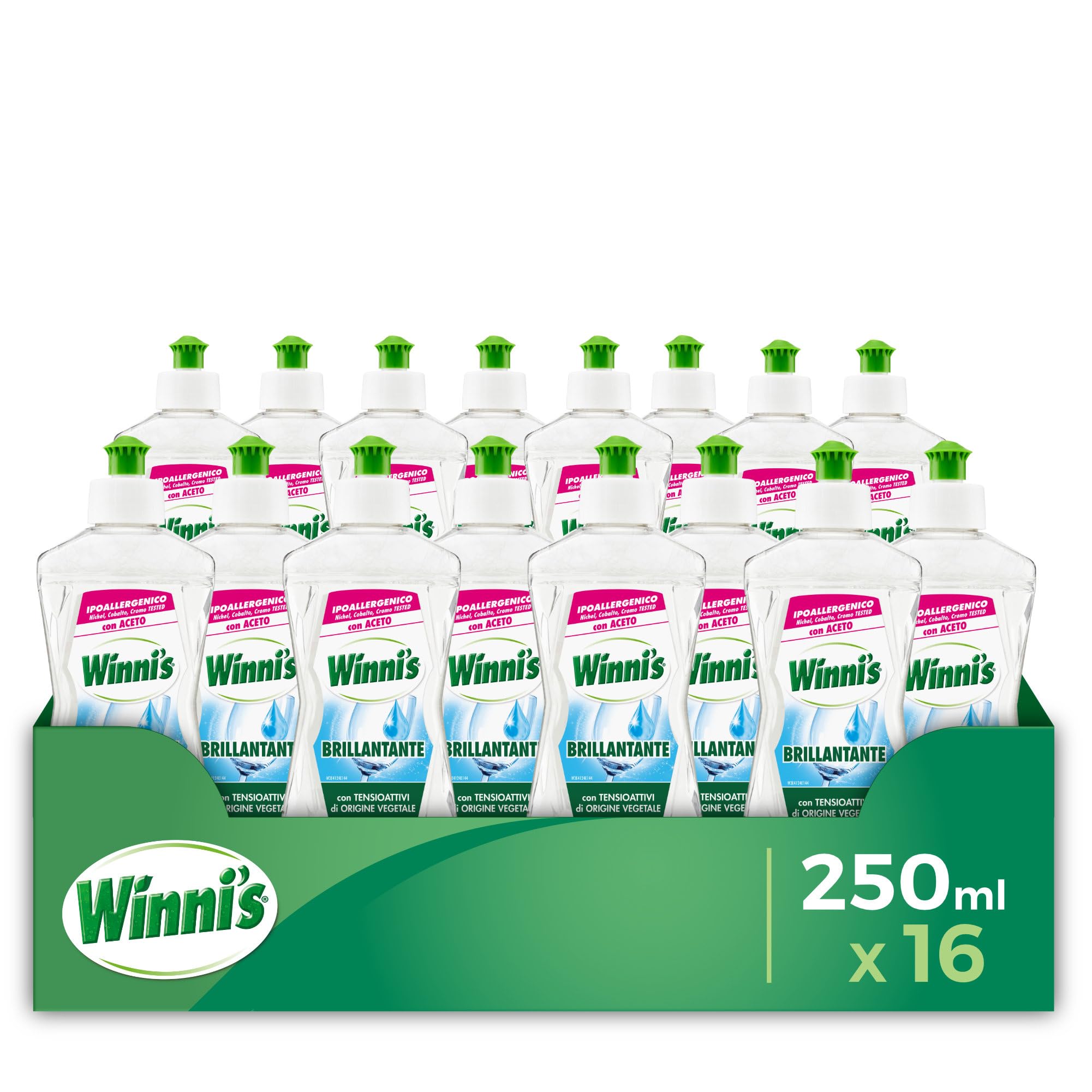 Winni's - Additivo Brillantante Lavastoviglie Ipoallergenico, con Aceto Naturale Biologico, Contro Residui e Macchie, con Materie Prime di Origine Vegetale, 250 ml x 16 Confezioni