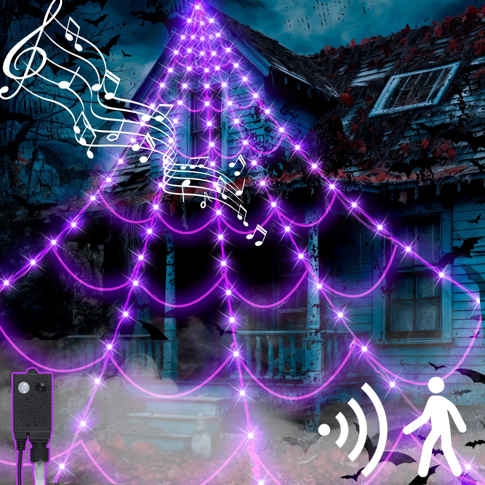 Retisee Luces Gigantes de telaraña con Sensor de Movimiento de 17 pies, 120 Luces moradas para decoración de Ventanas de Halloween, Exteriores, Interiores, hogar, Fiesta, Patio Encantado