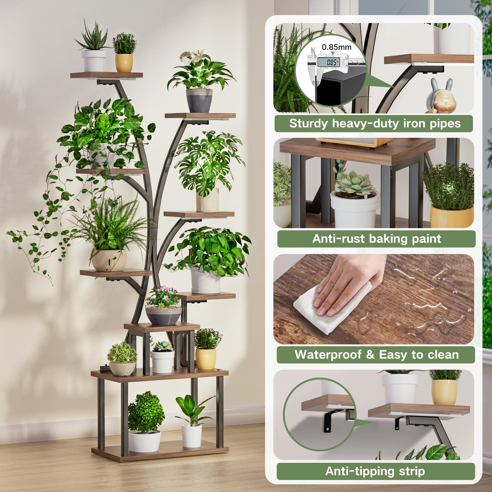 Pflanzenständer mit Wachstumslicht - 9 Ebenen Blumenständer Metall Holz mit Schublade, 165cm Hoher Blumenregal für den Innenbereich, Pflanzenregal mit Licht für Drinnen, Garten und Balkon