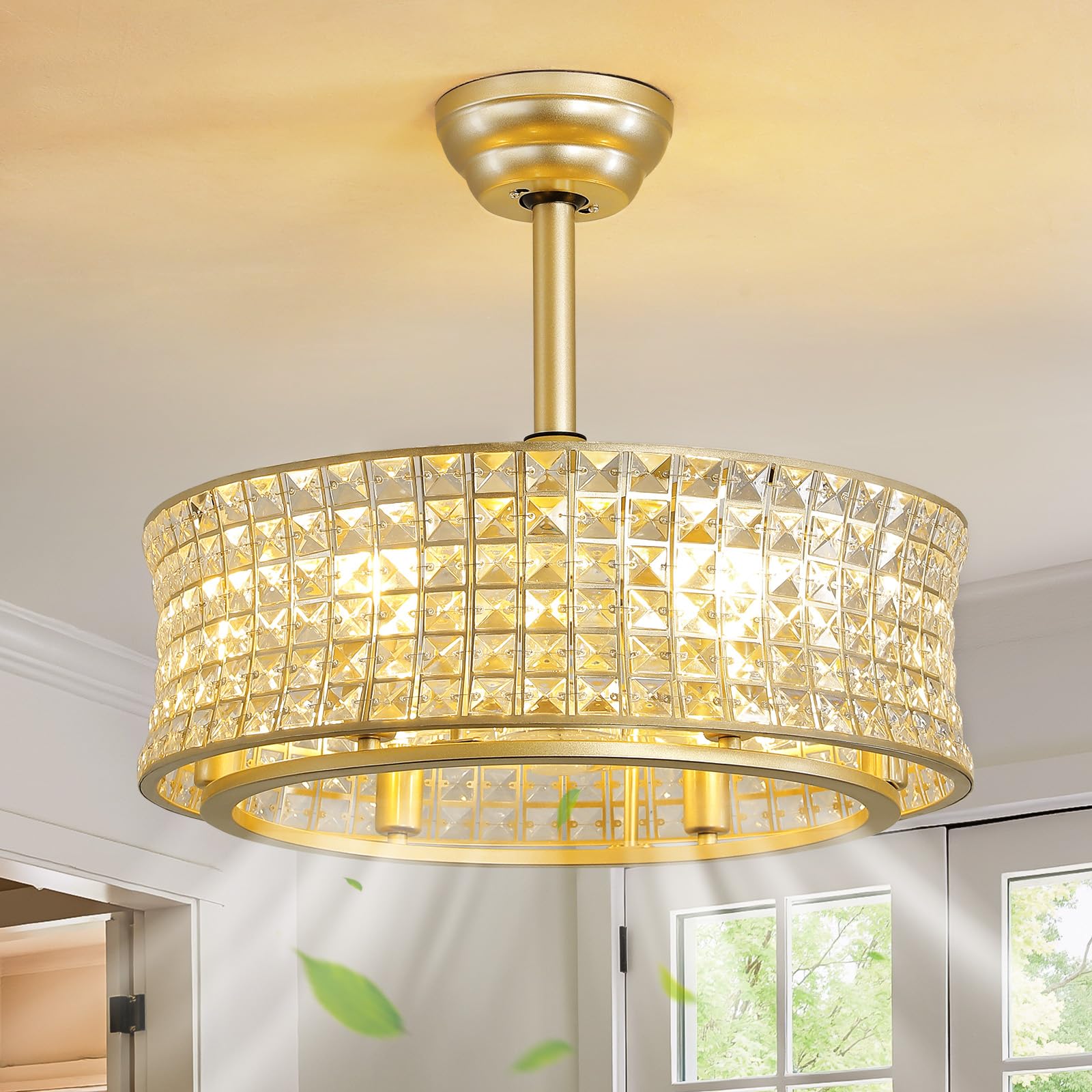 Photo 1 of RUIYEY Crystal Ceiling Fans with Lights: 19.7" Fandelier Low Profile Ceiling Fans with Remote Control, 7 Blades 6 Speeds E12 6 Light Caged Flush Mount Ceiling Light Fixtures for Bedroom Kitchen