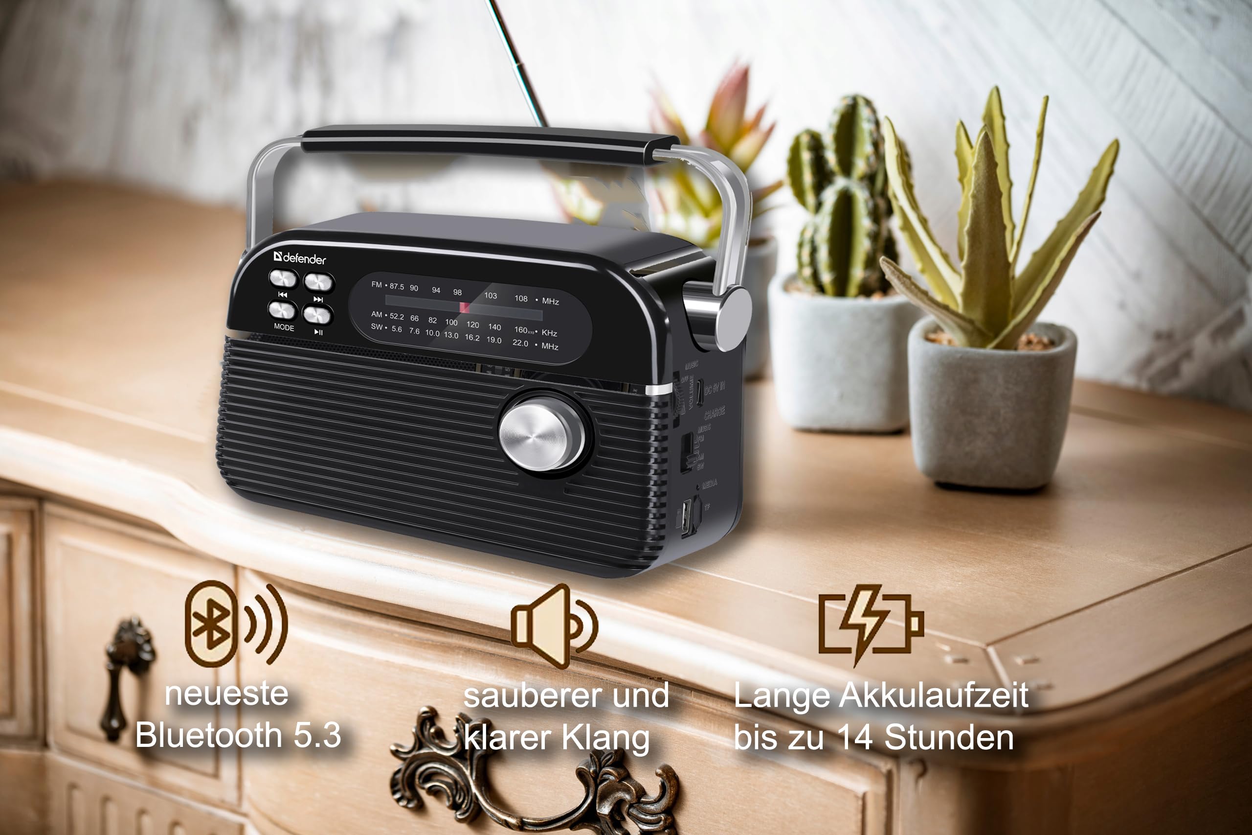 DEFENDER® Vega Tragbares Retro Radio mit Bluetooth, FM/AM/SW Rundfunkempfang, Integrierter Akku, Küchenradio, Teleskop-Antenne, Lautsprecher 5W, USB-C, Schwarz