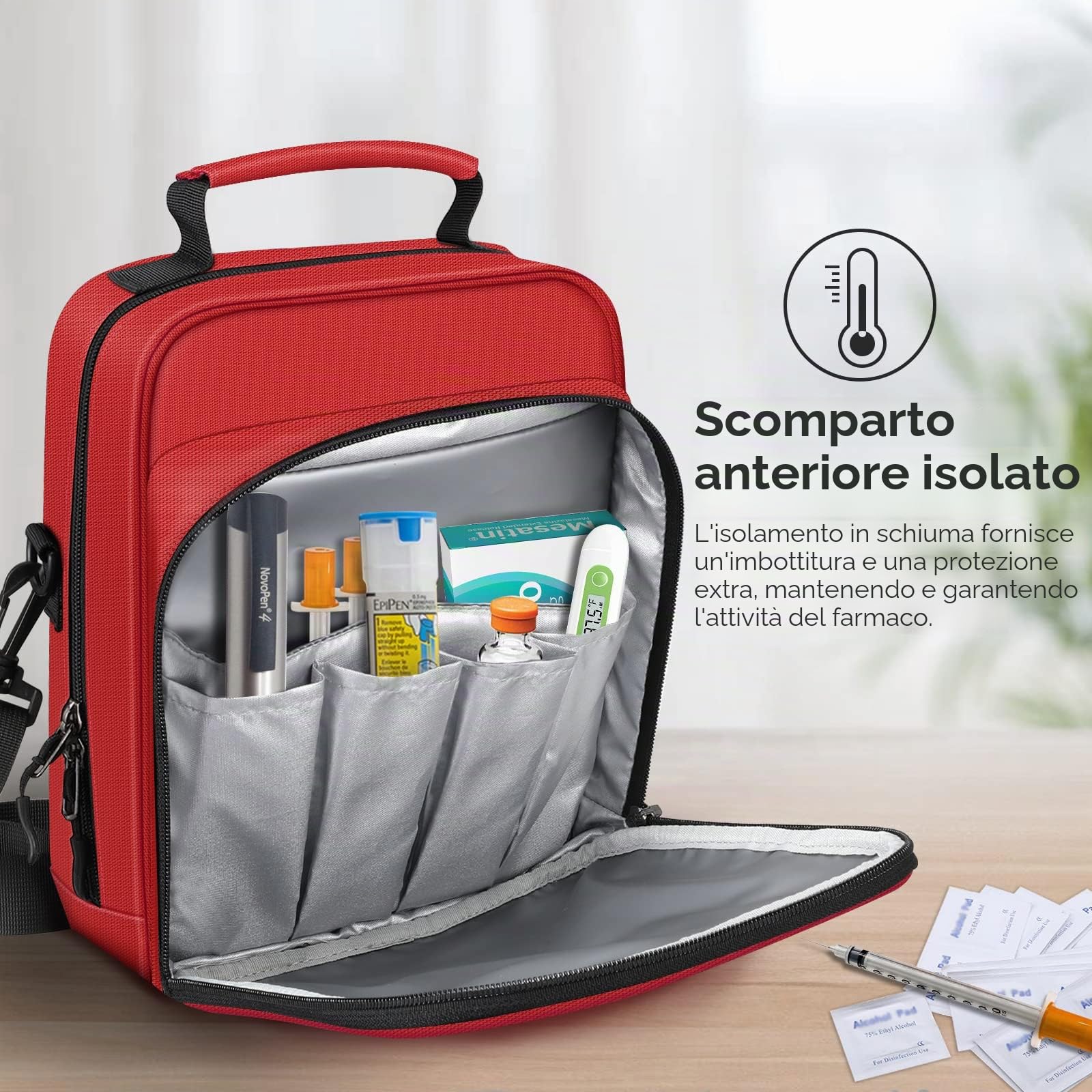 MEDMAX Borsa per Insulina da Trasporto, Isolata EpiPen Custodia da Viaggio con Tracolla, Portatile Diabete Organizer per Auvi-Q, Inalatore per Asma e Spray Nasale (Solo Borsa), Rosso