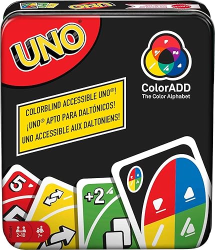 Mattel Games UNO ColorADD Juego de cartas para jugadores daltónicos y vistos a color en lata de almacenamiento, juego de viaje para familias y