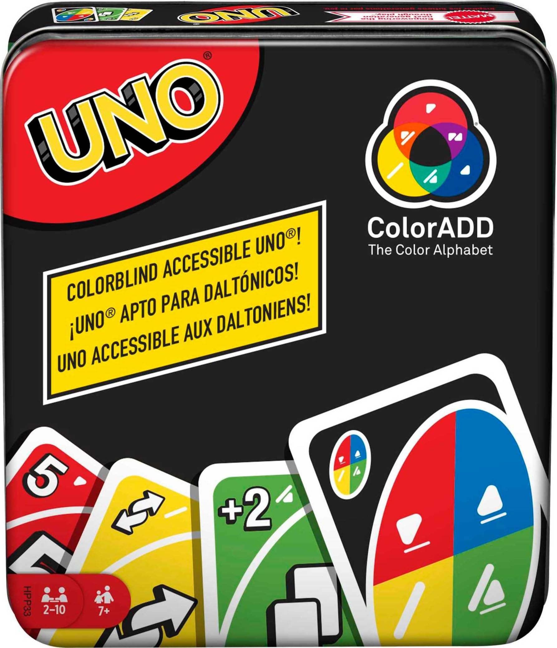Mattel Games UNO ColorADD Card Game for Colorblind and Visually Impaired Players, Travel Game in Storage Box for 2-10 Players