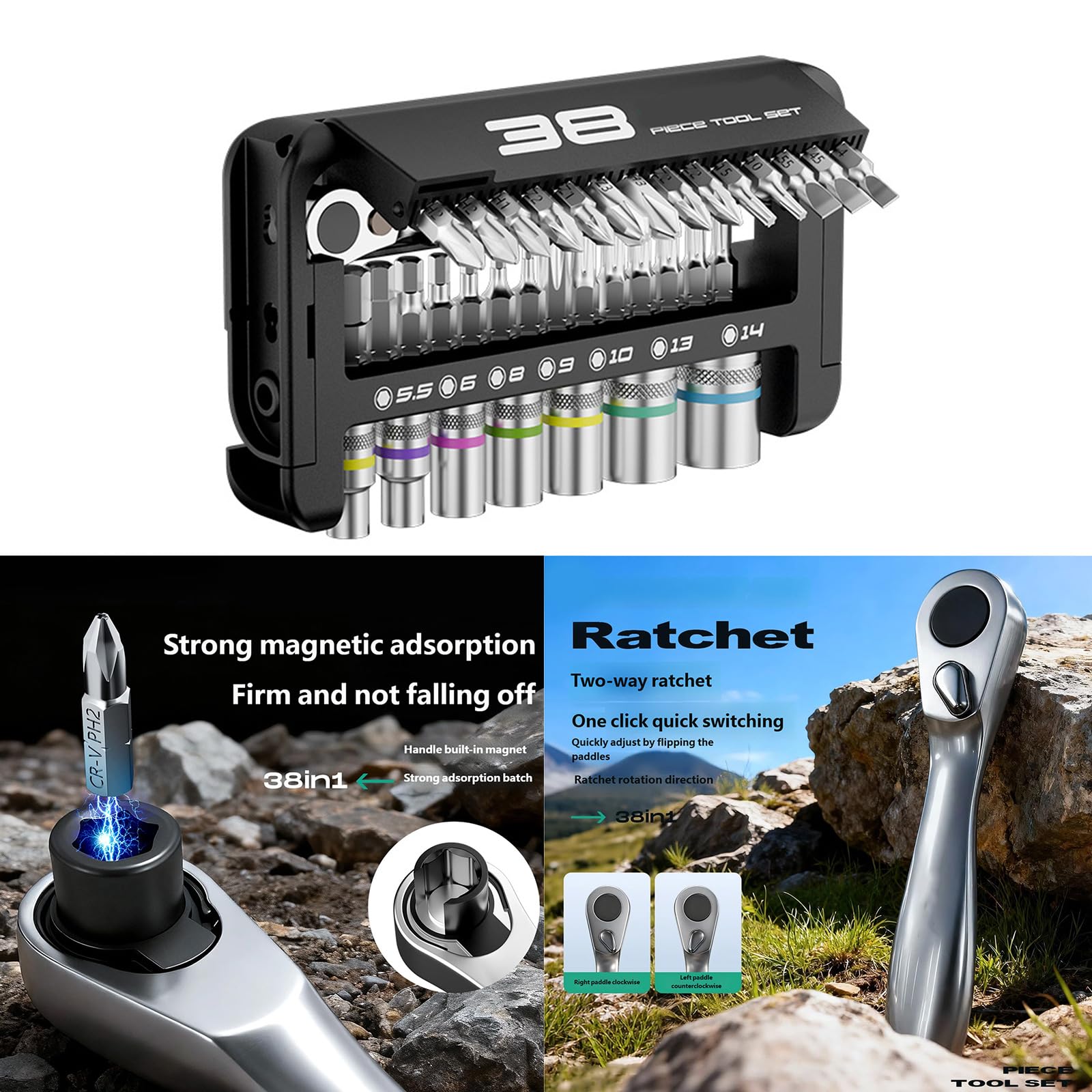 Efficiency Set chiavi a bussola a cricchetto 38 in 1 con meccanismo a cricchetto Funzione magnetica per applicazioni professionali Set chiavi a bussola