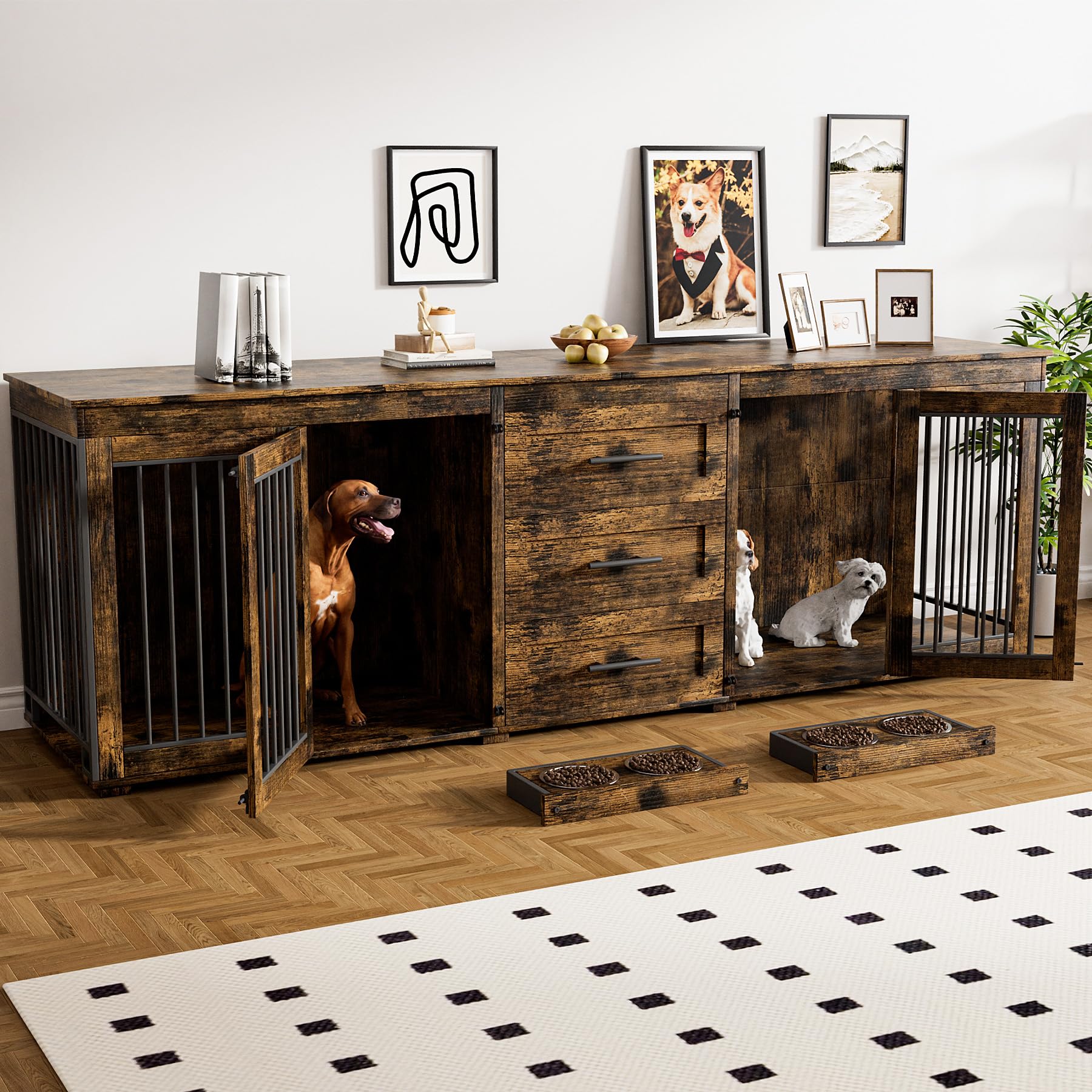 Rophefx 94.5" Dog Crate Furniture for 2 Dogs, Large Dog Kennel Furniture with 3 Storage Drawer, Wooden Dog Cage with 4 Bowls, Indoor Dog House TV Stand with Locks for Large Medium Dog, Rustic Brown