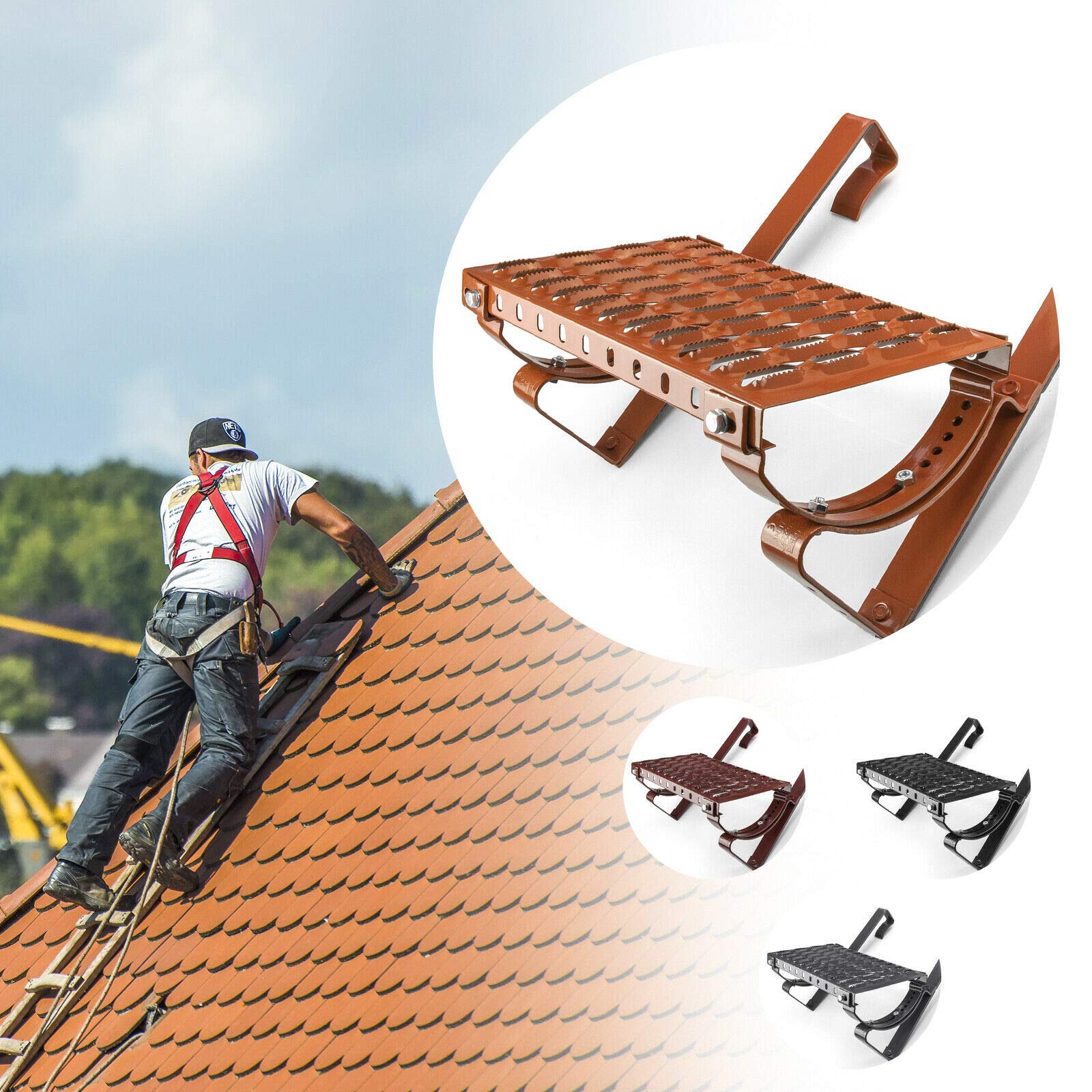 DQ-PP STEIGTRITT SET | 60cm | Kastanienrot RAL 8004 | Stahl verzinkt | Dachtritt Komplett für Dachziegel | Kaminpodest Steigtritt Dach | Gitterrost Tritt