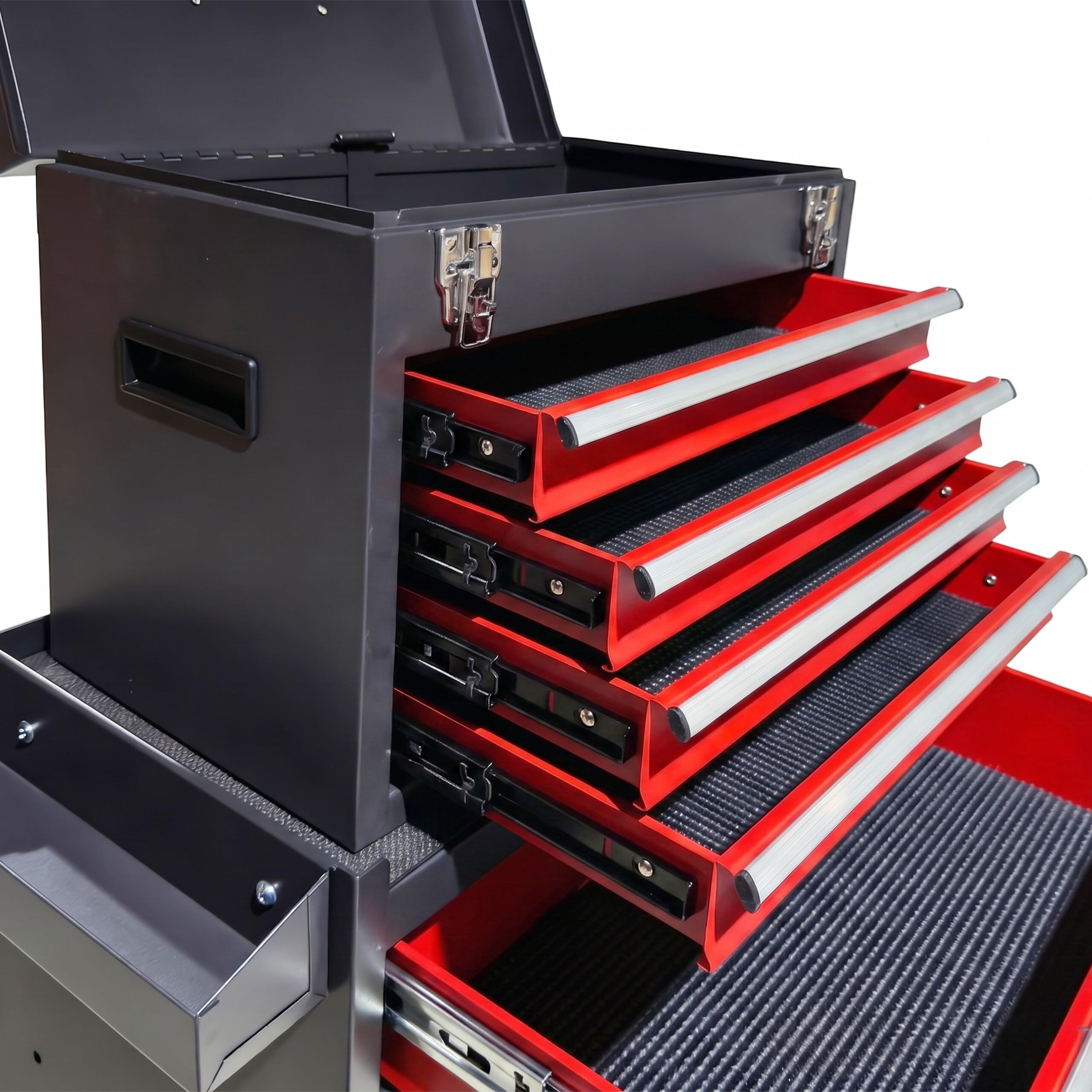 Relaxdays Chariot d'atelier, Noir-Rouge | 5 tiroirs + coffret amovible verrouillable, 104×59,5×28 cm, roulettes, acier