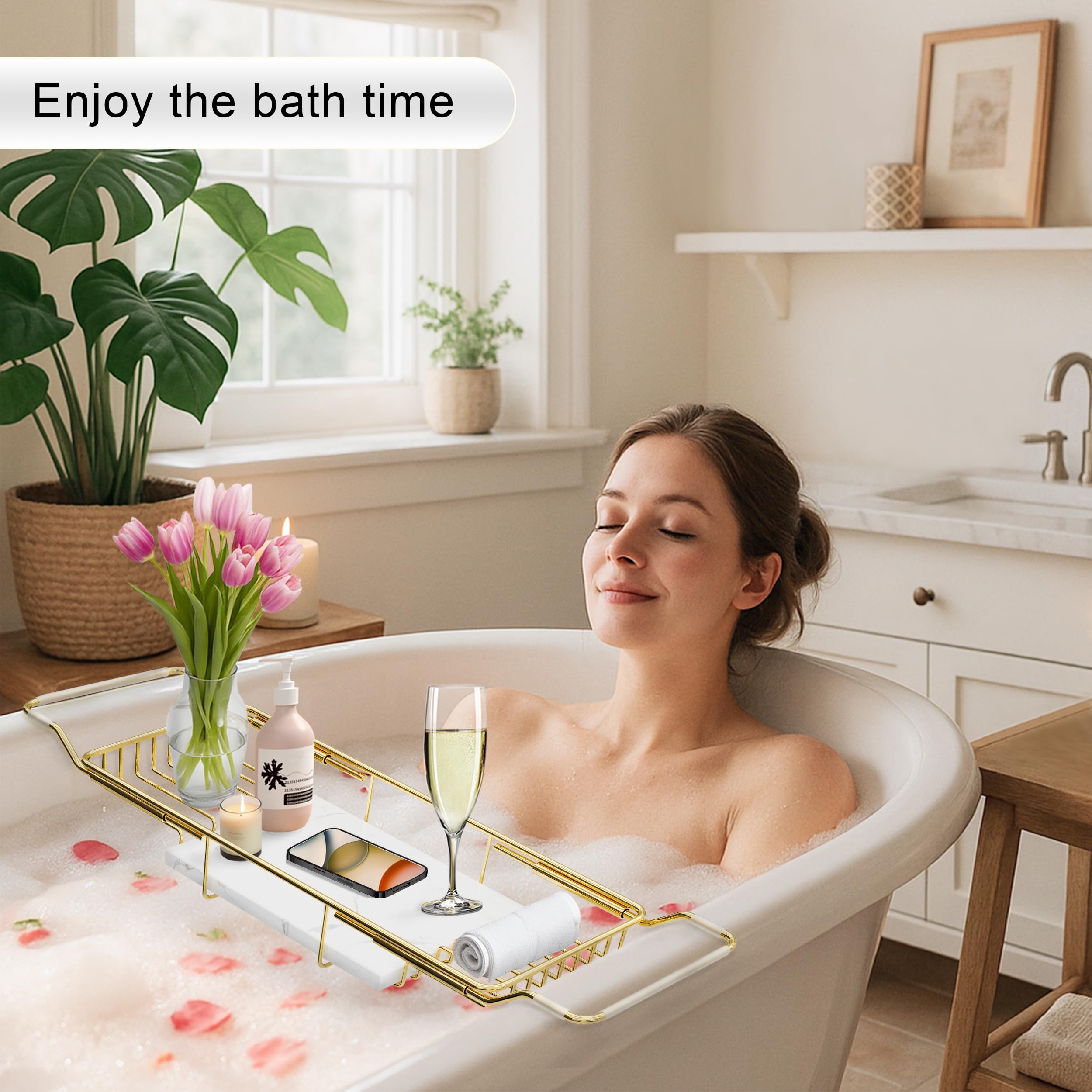 BVL Plateau de Bain Doré en Acier Inoxydable avec Marbre Blanc, Étagère de Bain Réglable pour Ensemble de Baignoire