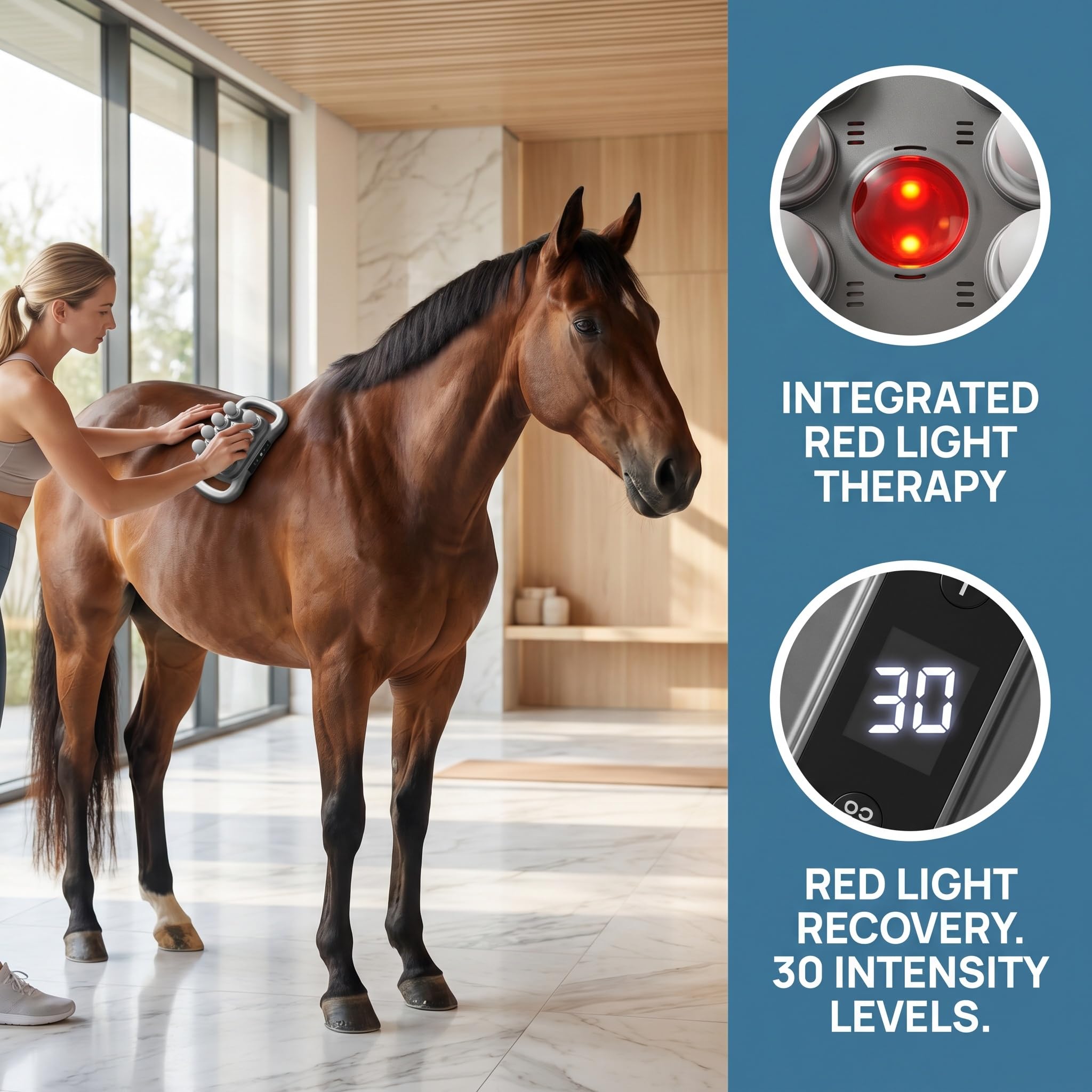 Pistola de masaje de luz roja de 8 cabezales, pistola de masaje de múltiples cabezas para caballo con 3 modos, 30 niveles de intensidad, terapia de luz roja y ultra silenciosa, para el cuidado de los