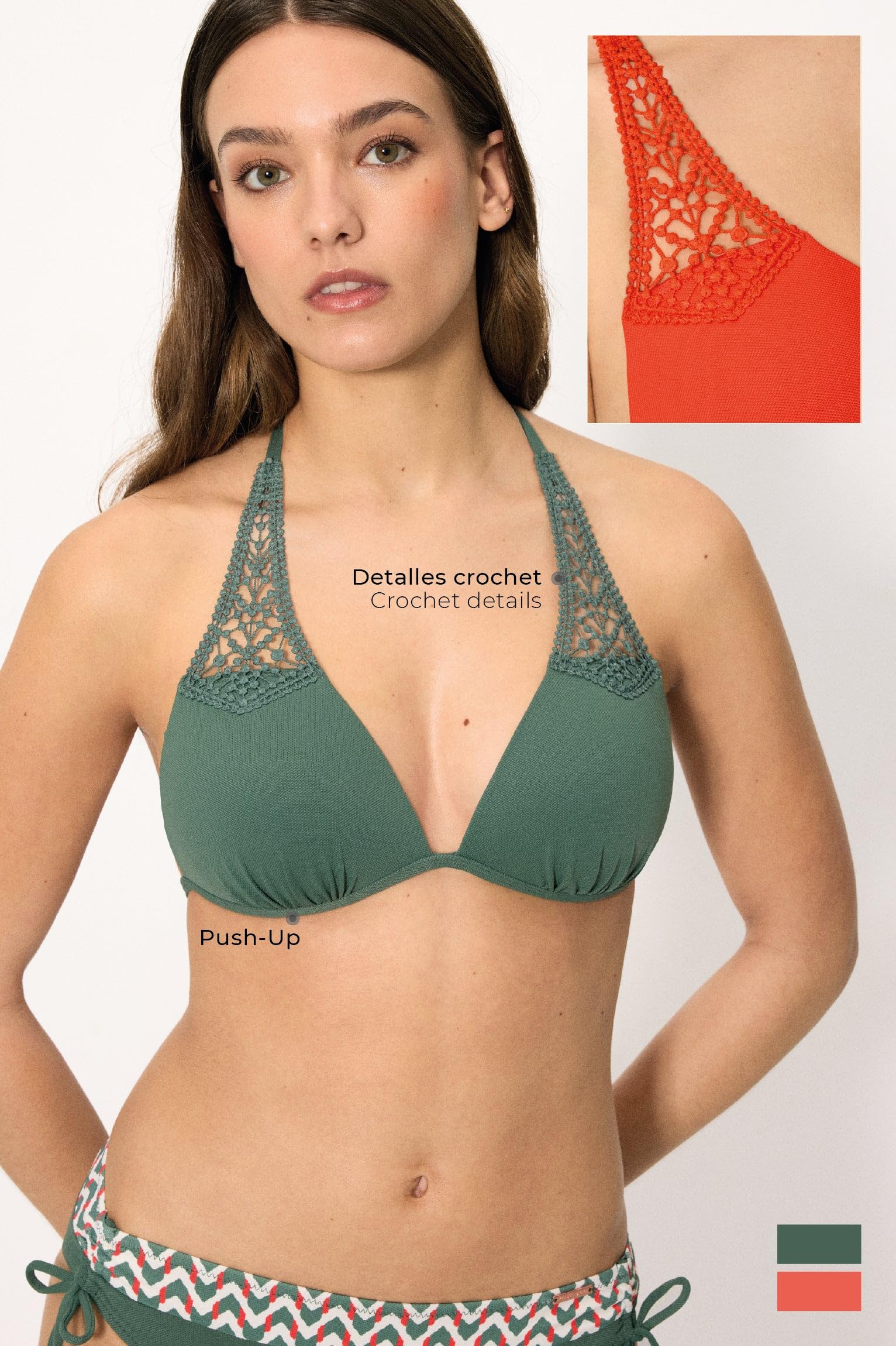 YSABEL MORA. Top Bikini Triángulo Push-Up Micropiqué Coral Copa B. Ajustable Al Cuello Y A La Espalda para Mayor Comodidad. Colección Sunset.
