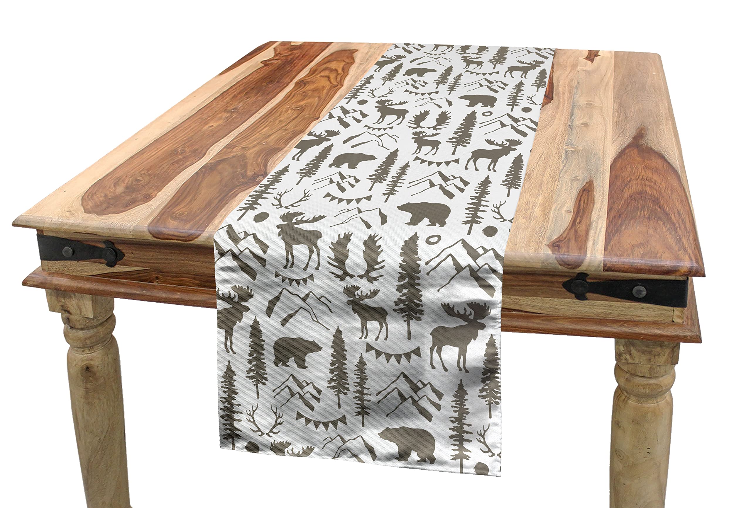 AmbesonneNorthwoods Table Runner, Forest Elements with Bear Moose Trees and Mountains Wildlife Nature Theme, Dining Room Kitchen Rectangular Runner, 12" X 72", Taupe White