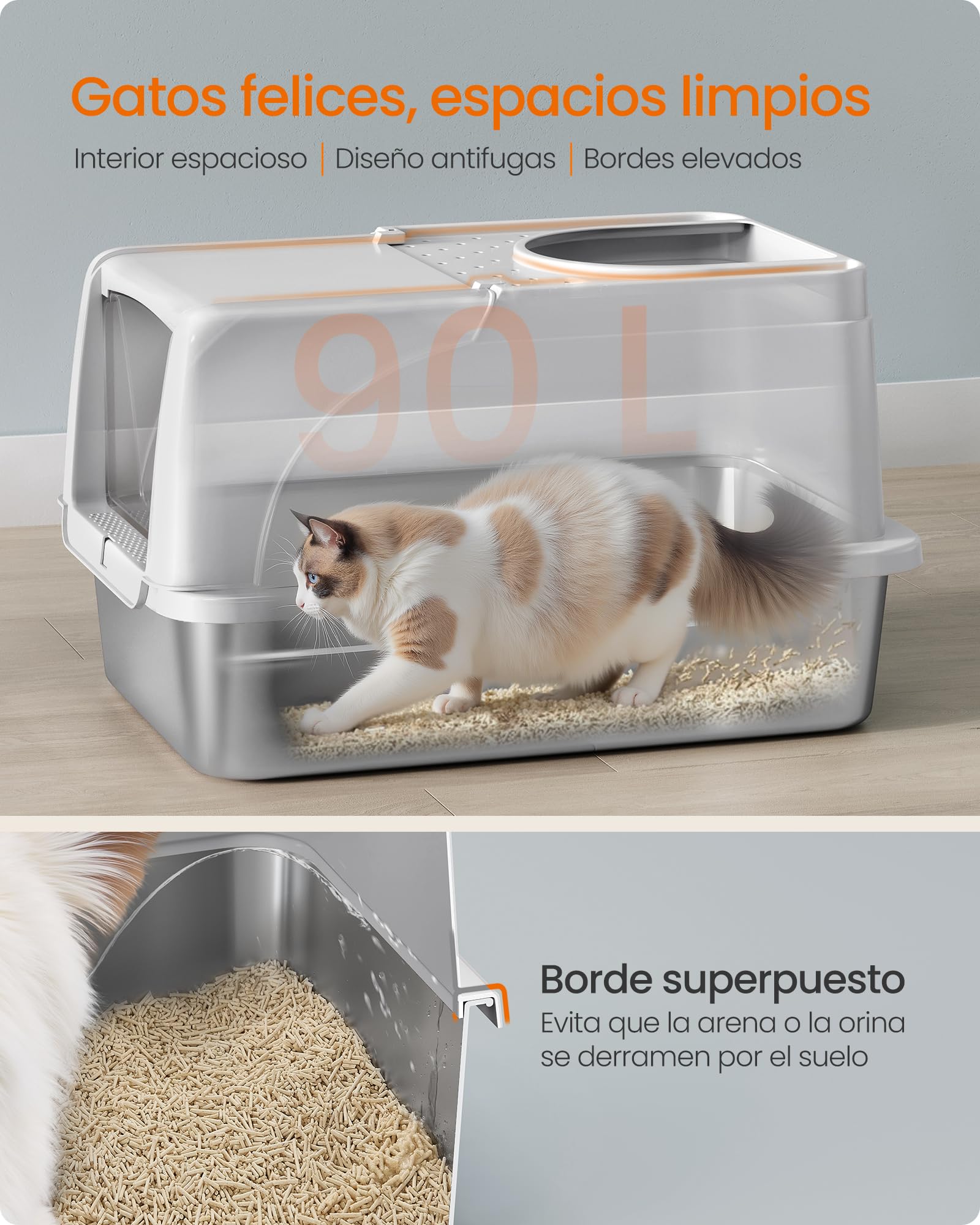 Feandrea Arenero para Gatos de Acero Inoxidable, Caja de Arena Cerrada con Tapa Abatible y Entrada Doble, Control de Olores, 61 x 40 x 36,5 cm, Gris, Colección Boxal PPT005G201
