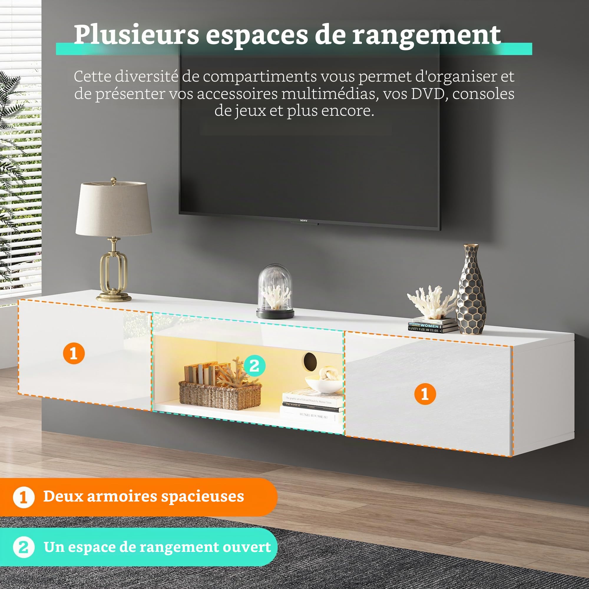 Merax Meuble TV avec éclairage LED, blanc brillant, largeur 160 cm, 2 portes battantes, compartiment ouvert, moderne pour salon, chambre à coucher