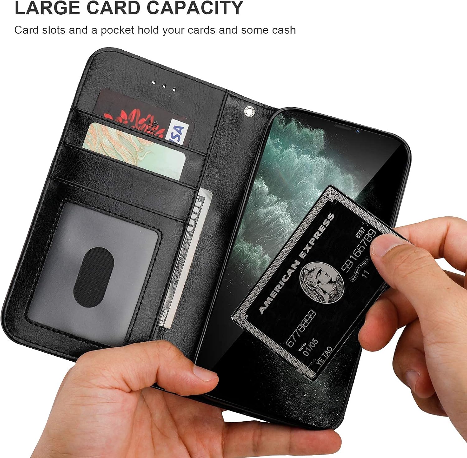 Bocasal Compatible with iPhone 12 Pro Max Wallet Case with Card Holder PU Leather Magnetic Detachable Kickstand Shockproof Wrist Strap Removable Flip Cover 6.7 inch (Black) - Image 4