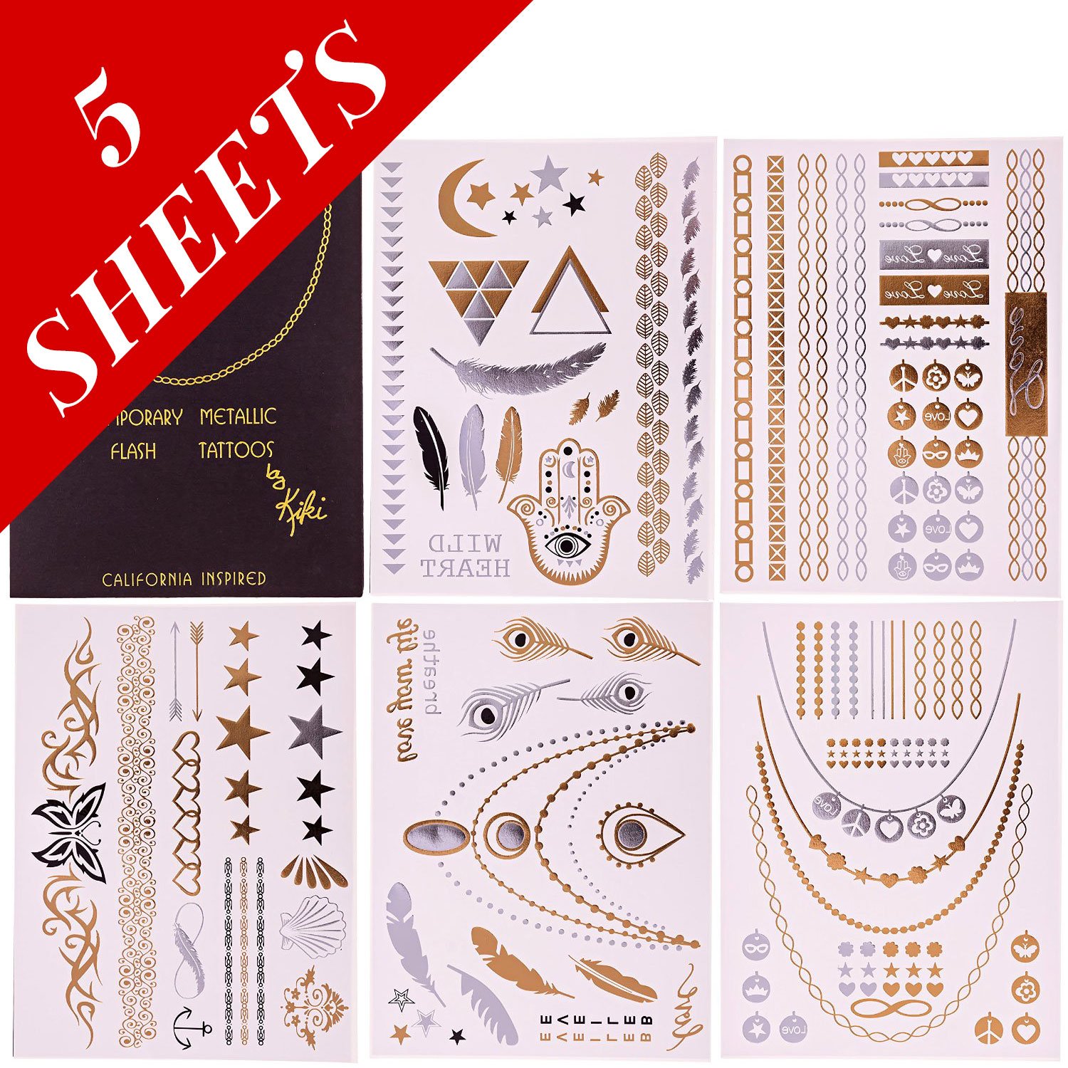 Premium Temporary Metallic Flash Jewelry Tattoos By Kiki - 5 Sheets- 100% Risk Free Guarantee - Best Gold and Silver Jewelry Rings, Armbands, Necklaces and Designs