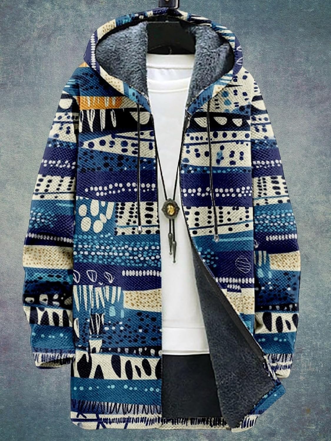 2025 Men's Ethnic Pattern Hooded Jacket Long Cardigan Hoodies Full Zip Vintage Knitted Zipper Coat with Pocket - Image 5